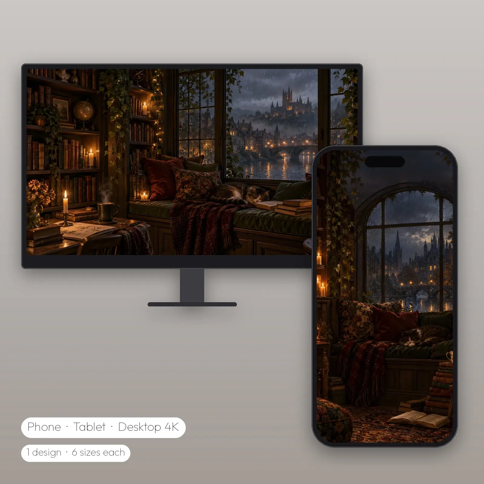 Bookshelf Reading Nook With Fairy Lights Wallpaper – Phone, Tablet and Desktop 4K JPG preview