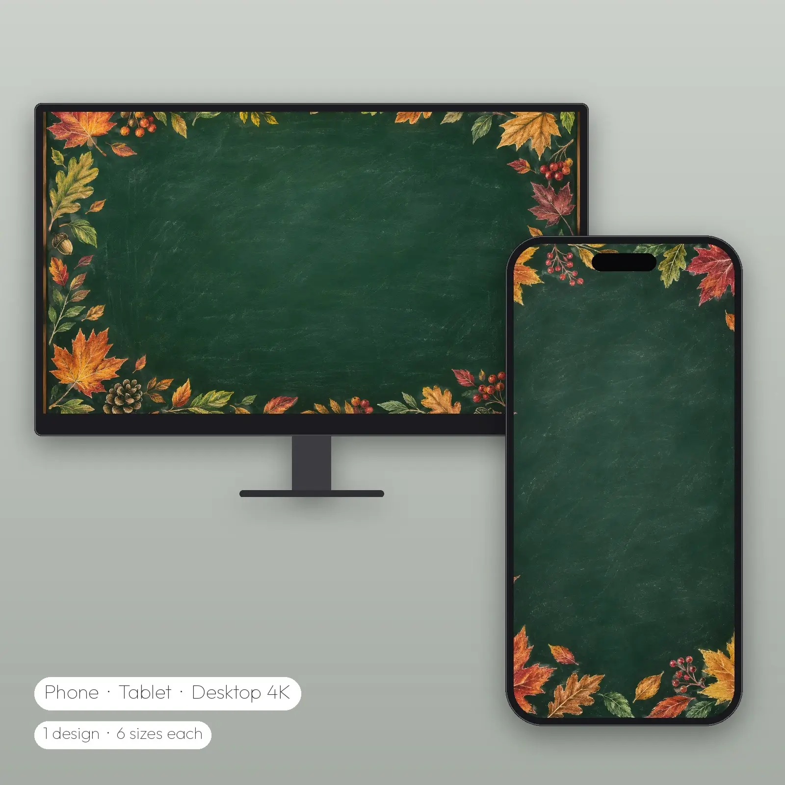Chalk Leaf Border Board Wallpaper – Phone, Tablet and Desktop 4K JPG preview