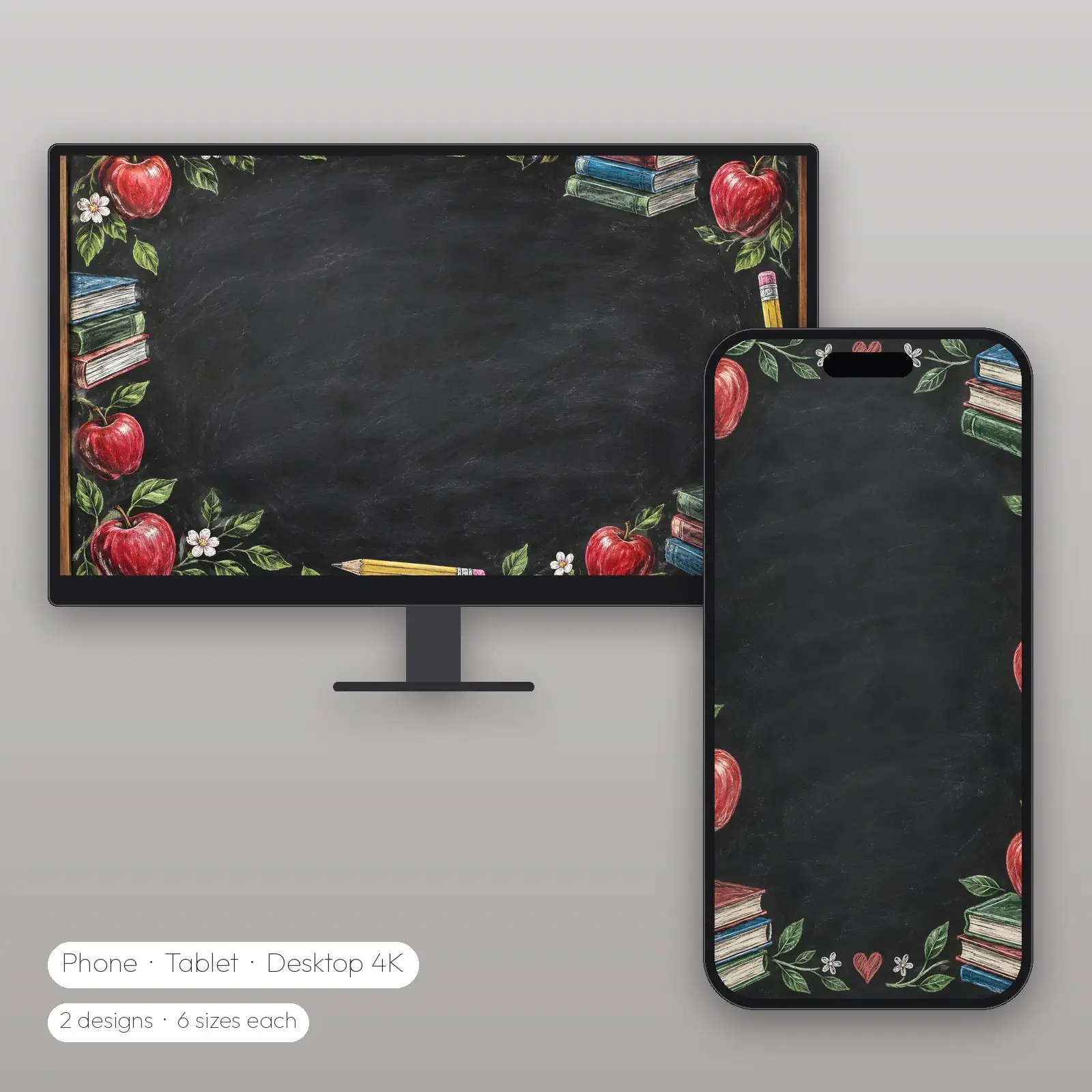 Chalk Apples and Pencils Board – 2 Designs, Phone Tablet Desktop 4K preview