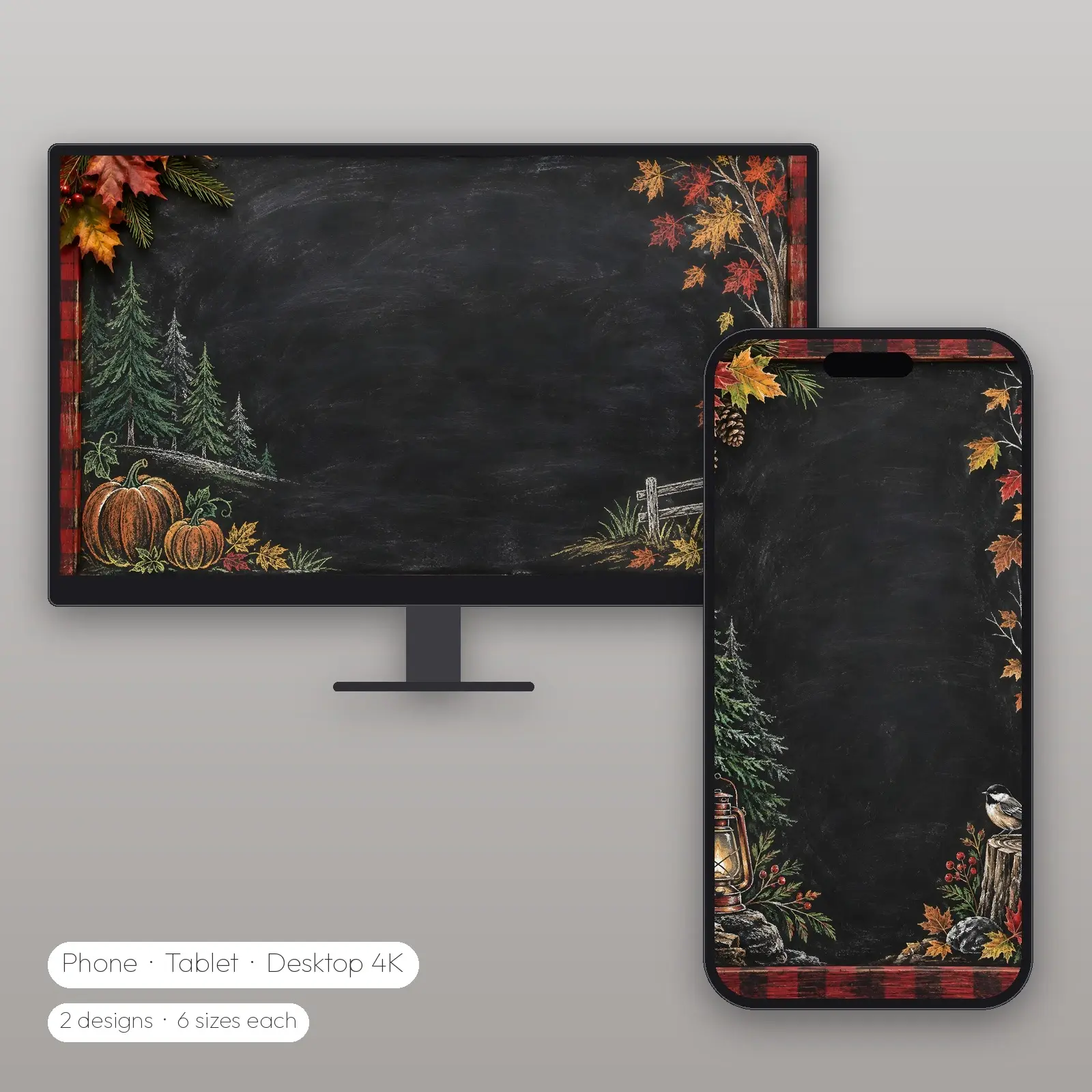 Plaid Frame and Rainbow Leaf Garland Chalkboard Backgrounds – 2 Designs, Phone Tablet Desktop 4K preview