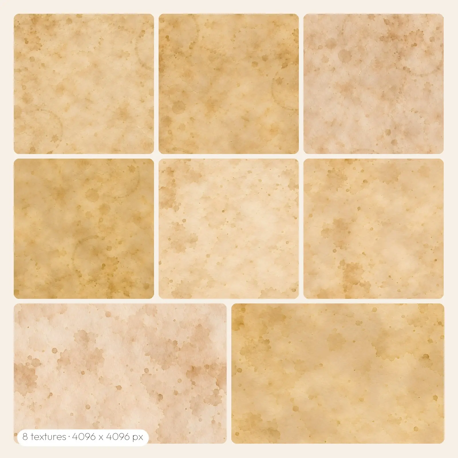 Seamless Tea-Stained Paper Tiles – 8 High-Res Paper Textures, JPG PNG preview