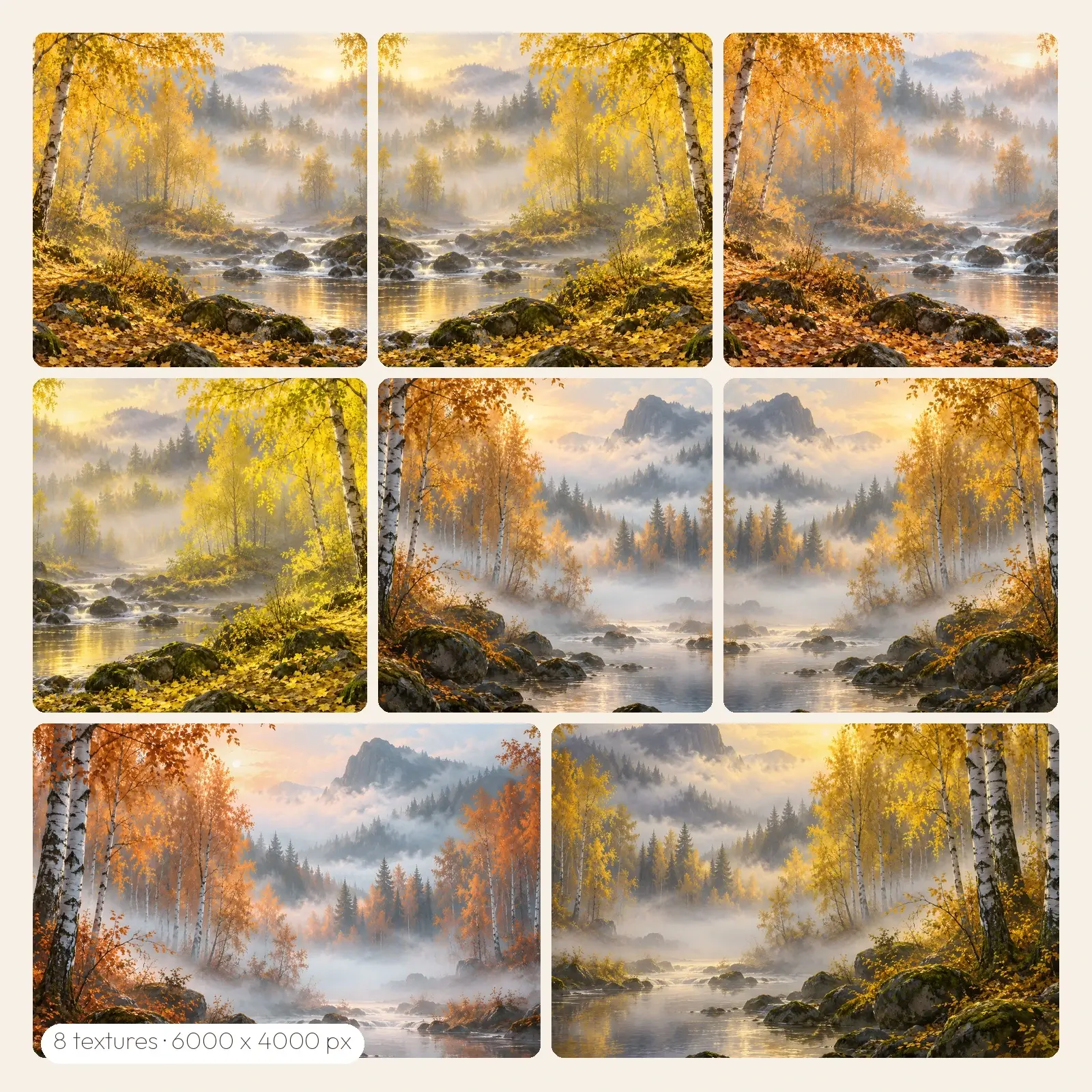 Golden Birch Forest Mist Backgrounds – 8 High-Res Forest Backgrounds, JPG PNG preview
