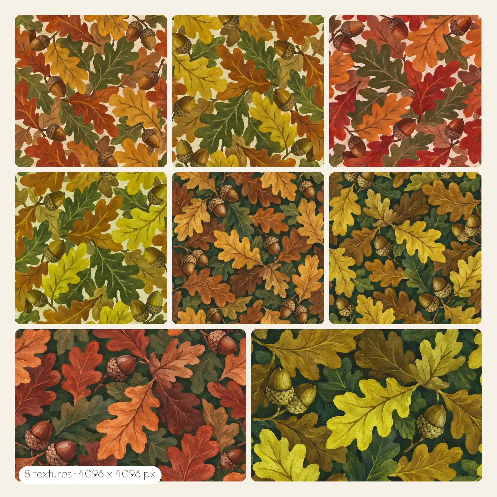 Gouache Oak Leaf and Acorn Backgrounds – 8 High-Res Leaf Textures, JPG PNG preview