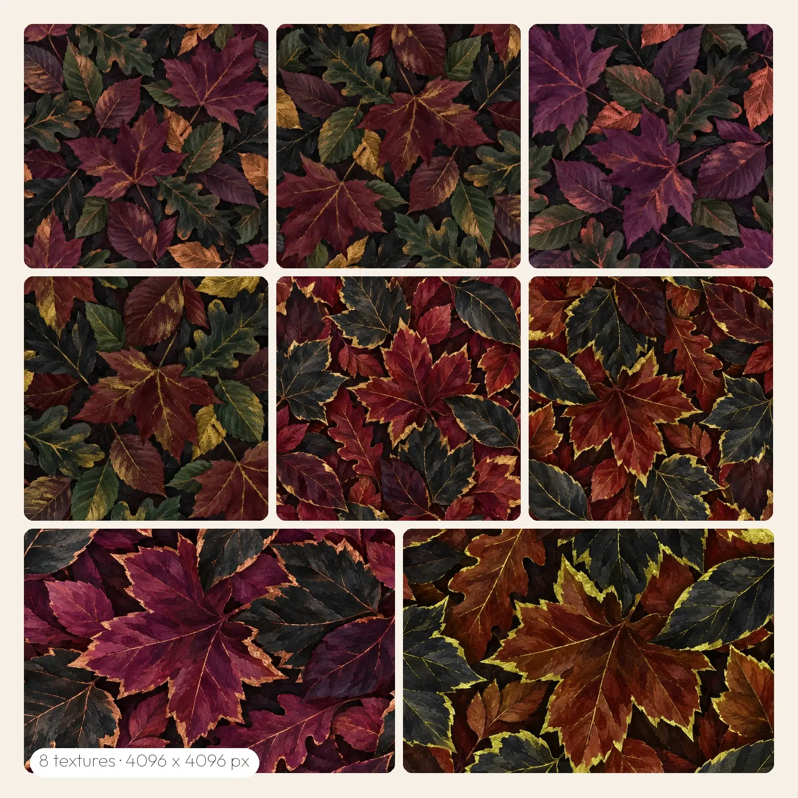 Dark Moody Gouache Leaves Backgrounds – 8 High-Res Leaf Textures, JPG PNG TIFF preview