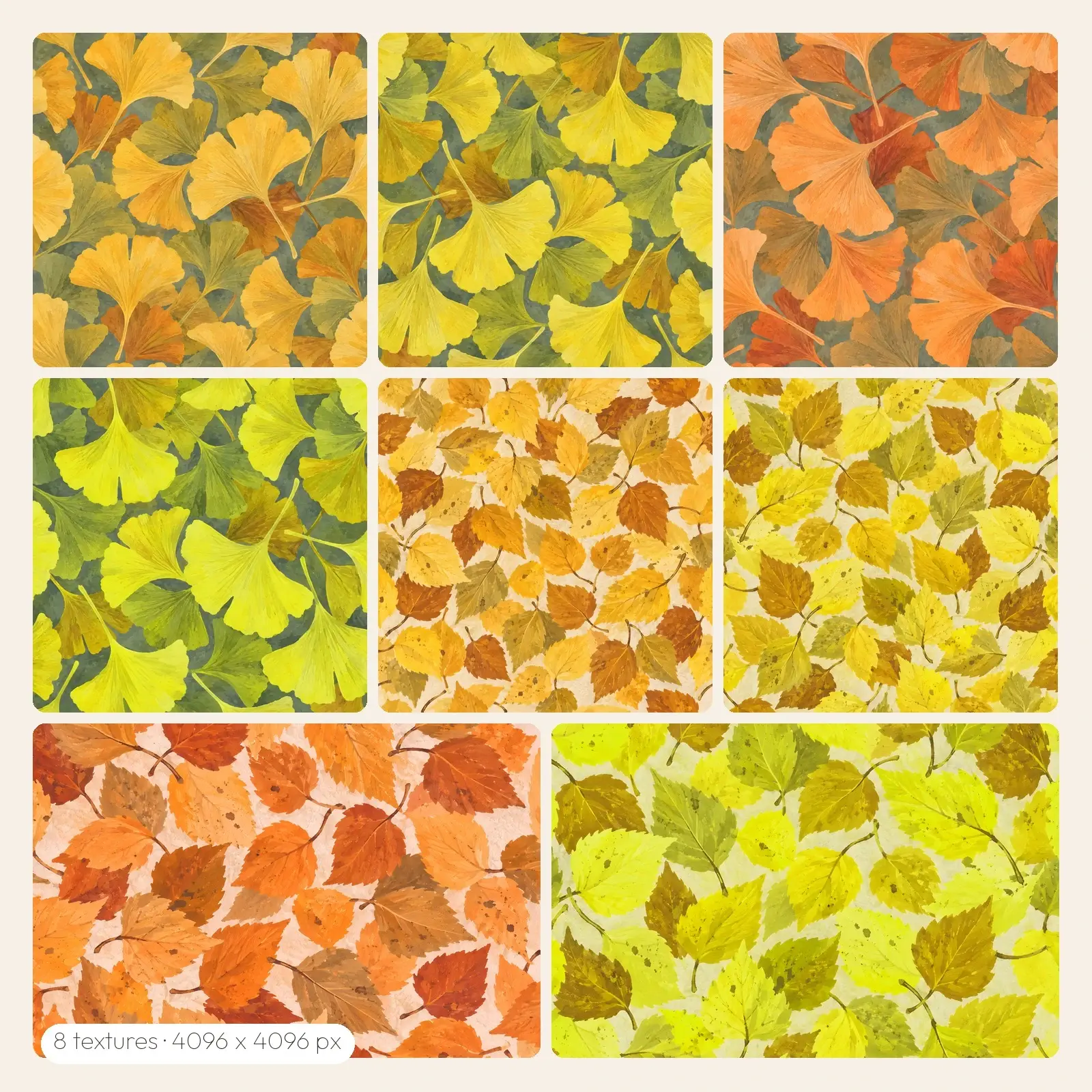 Gouache Ginkgo and Birch Leaf Textures – 8 High-Res Leaf Textures, JPG PNG preview