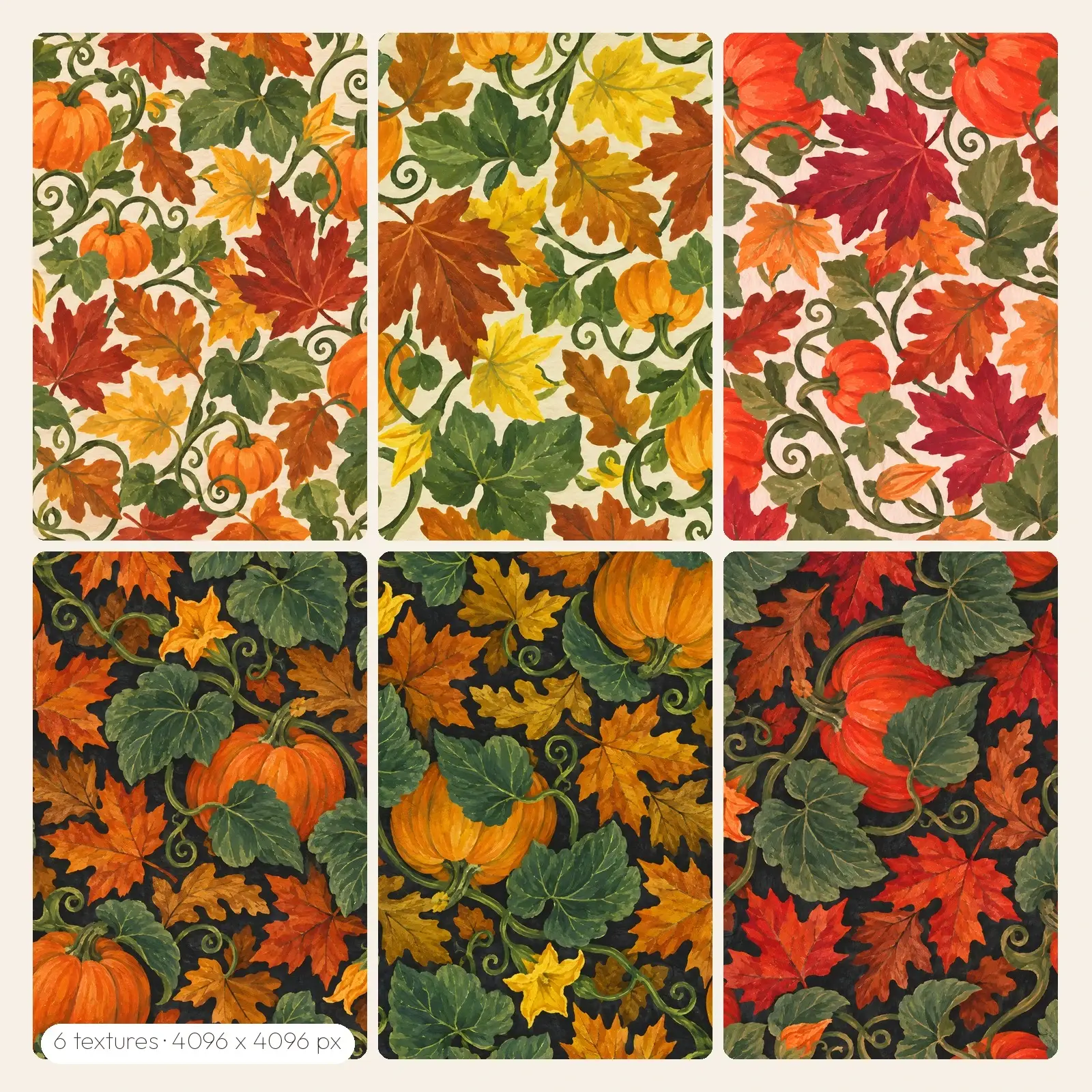 Gouache Pumpkin Vine and Leaf Textures – 6 High-Res Leaf Textures, JPG PNG preview