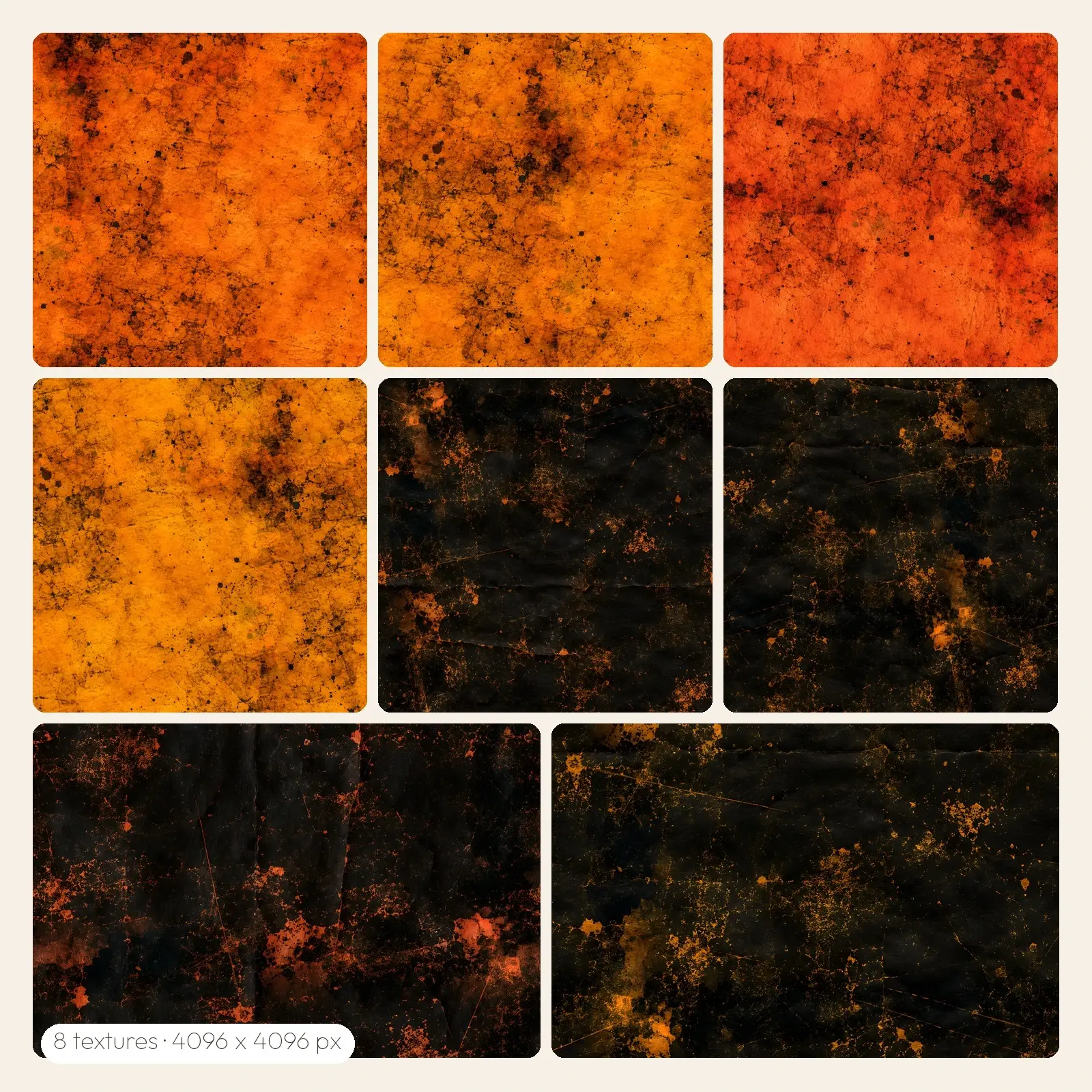 Seamless Distressed Orange and Black Paper Tiles – 8 High-Res Grunge Textures, JPG PNG preview