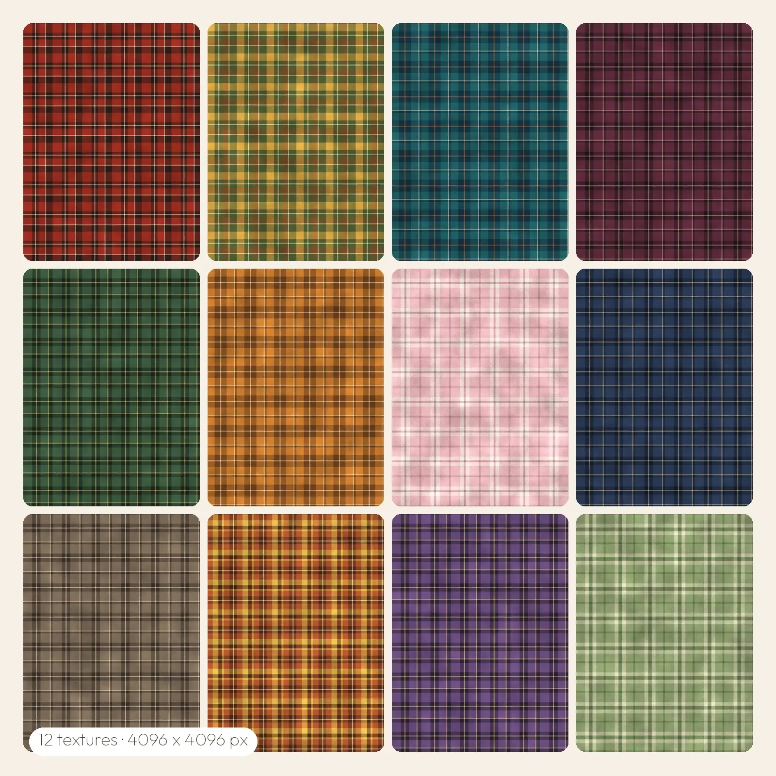 Seamless Flannel Plaid Tiles – 12 High-Res Fabric Textures, JPG PNG TIFF preview