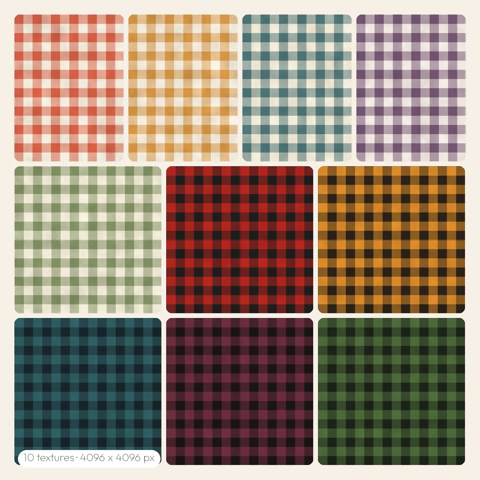 Seamless Gingham and Buffalo Check Tiles – 10 High-Res Fabric Textures, JPG PNG preview