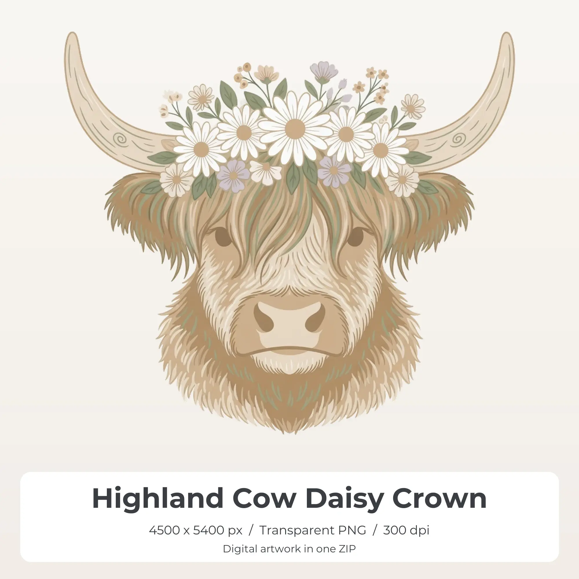 Highland Cow Daisy Crown T-Shirt Design PNG, Sublimation Ready preview