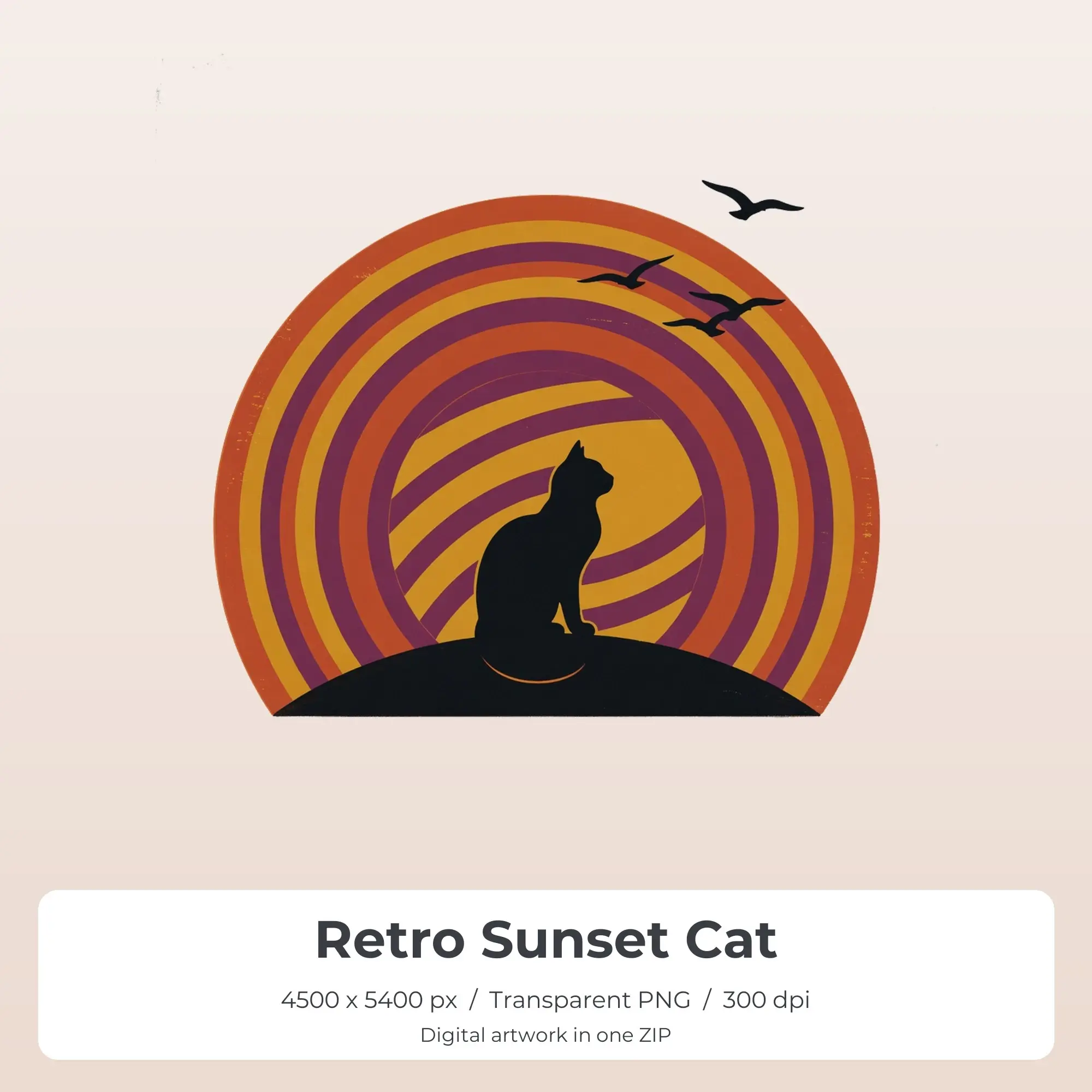Retro Sunset Cat Sublimation PNG, T-Shirt Transfer Design preview