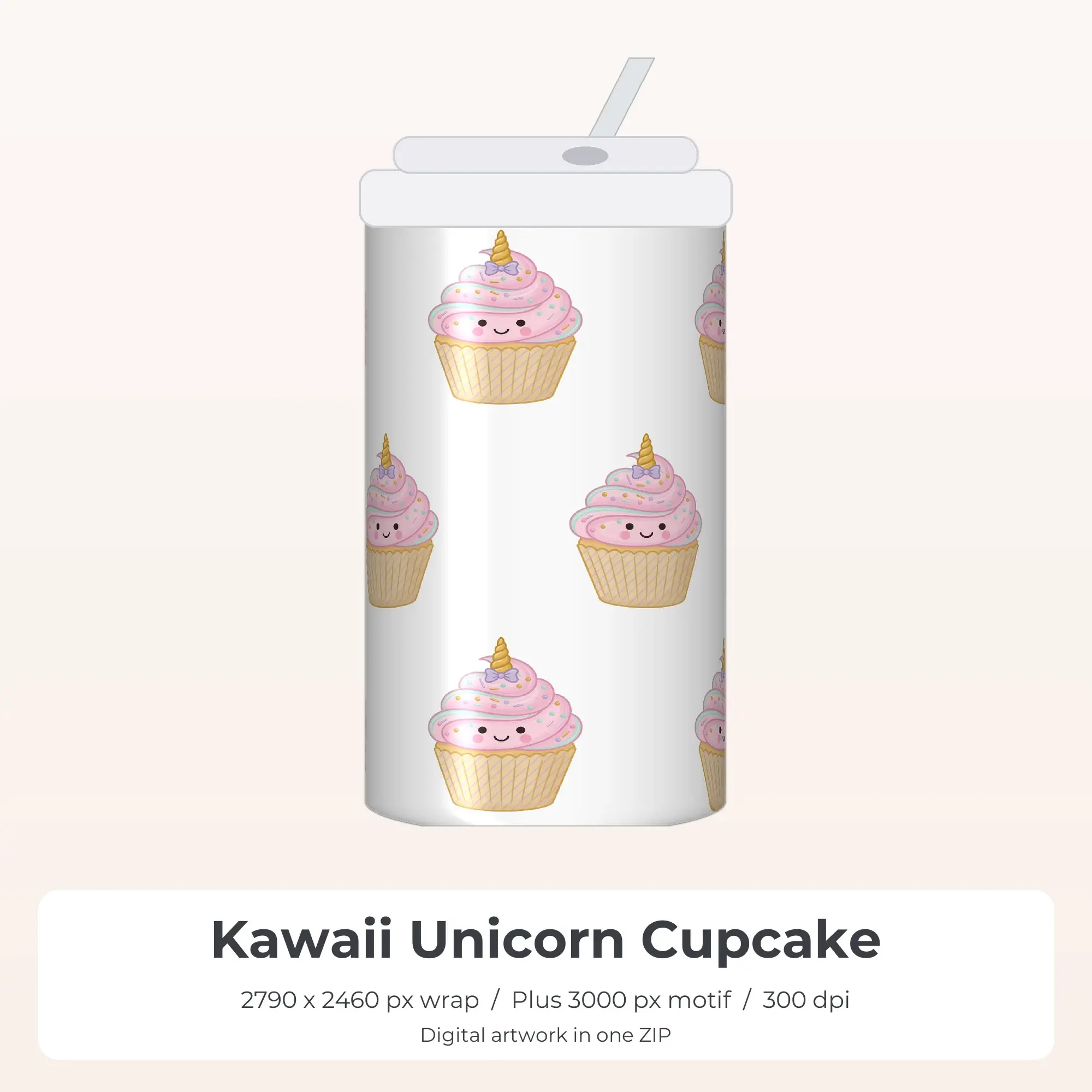 Kawaii Unicorn Cupcake Tumbler PNG, Sublimation Wrap Design preview