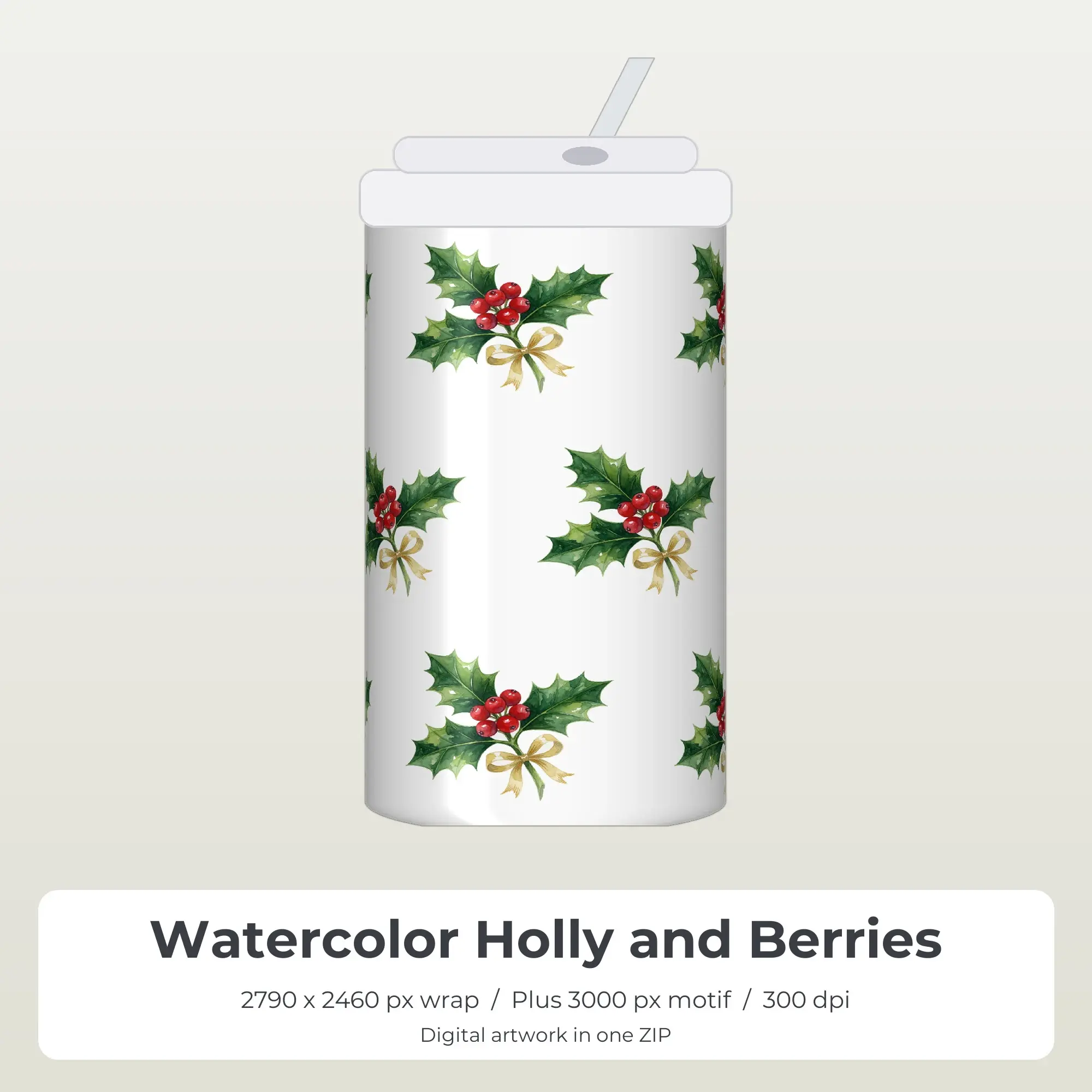 Watercolor Holly and Berries Sublimation Tumbler Wrap PNG preview