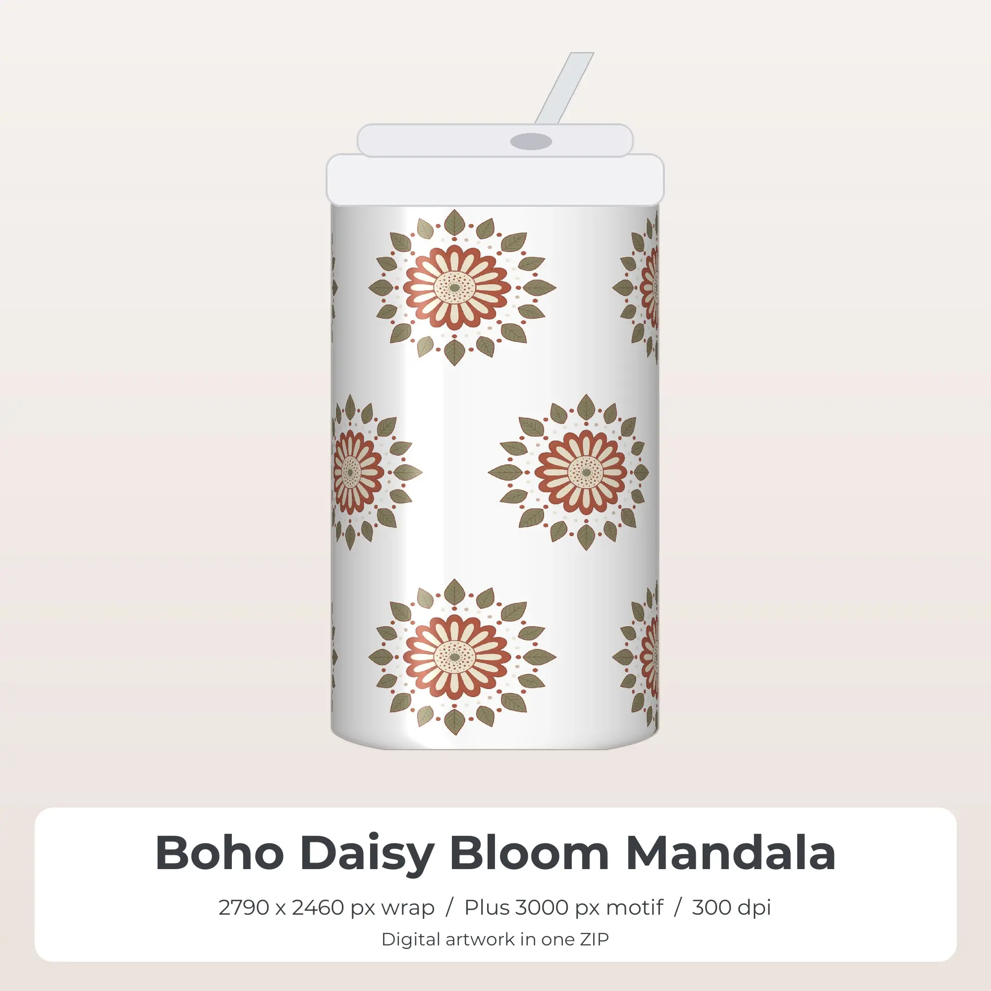 Boho Daisy Bloom Mandala 20oz Tumbler Sublimation Wrap PNG preview