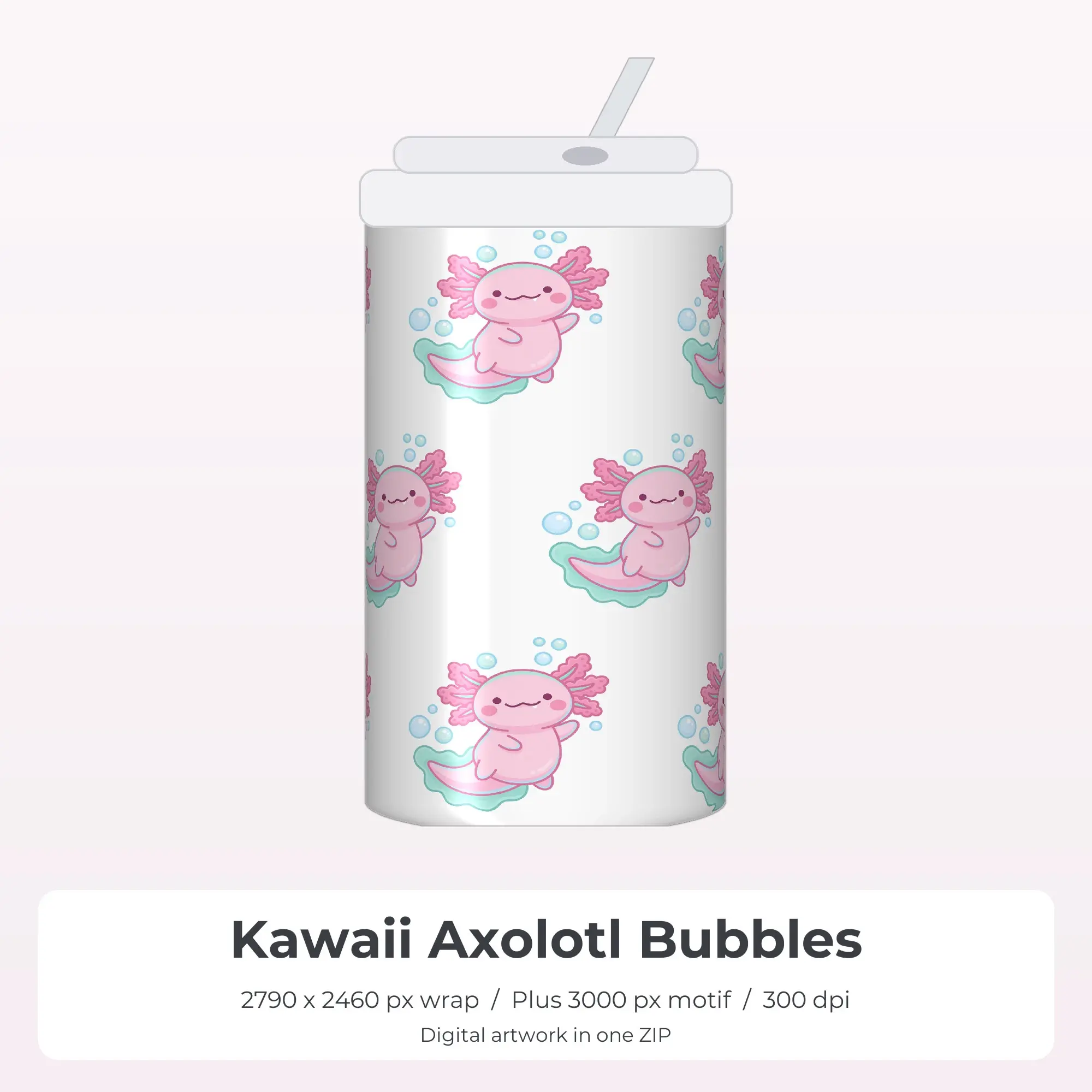 Kawaii Axolotl Bubbles 20oz Tumbler Sublimation Wrap PNG preview