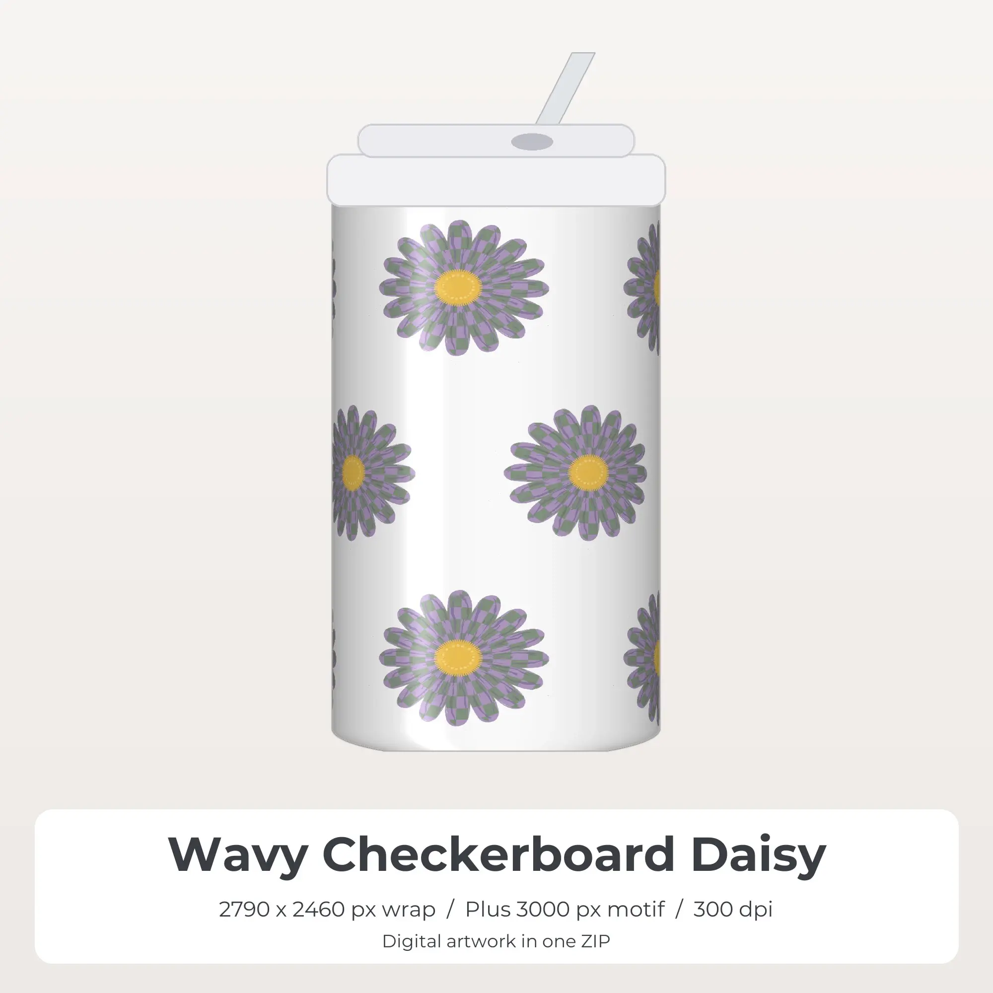 Wavy Checkerboard Daisy 20oz Tumbler Sublimation Wrap PNG preview