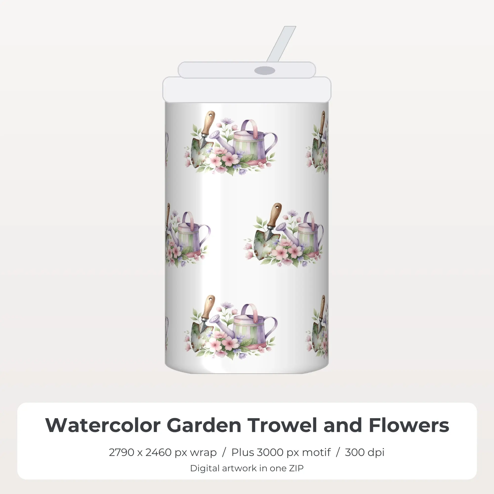 Watercolor Garden Trowel and Flowers 20oz Tumbler Sublimation Wrap PNG preview