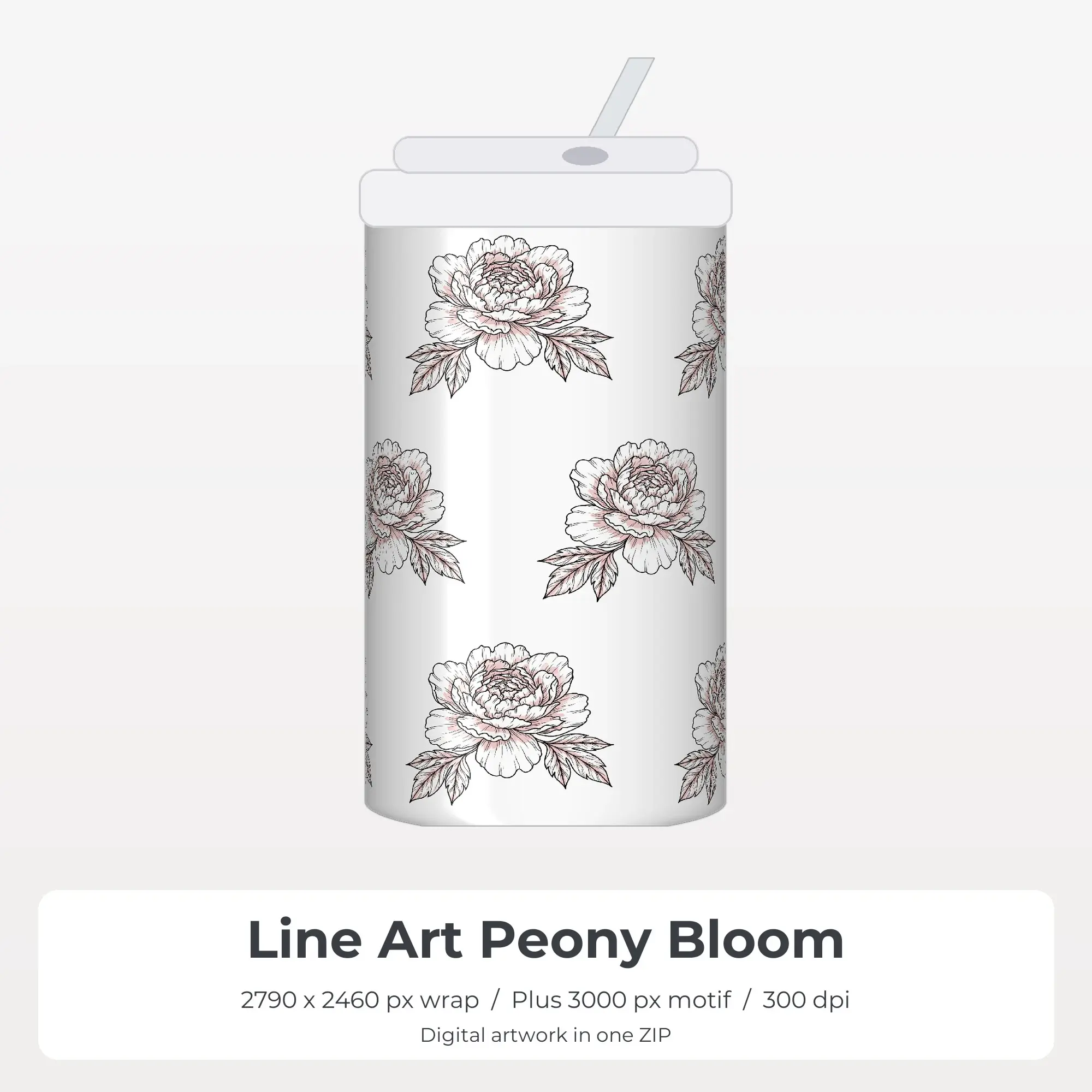 Line Art Peony Bloom Sublimation Tumbler Wrap PNG preview