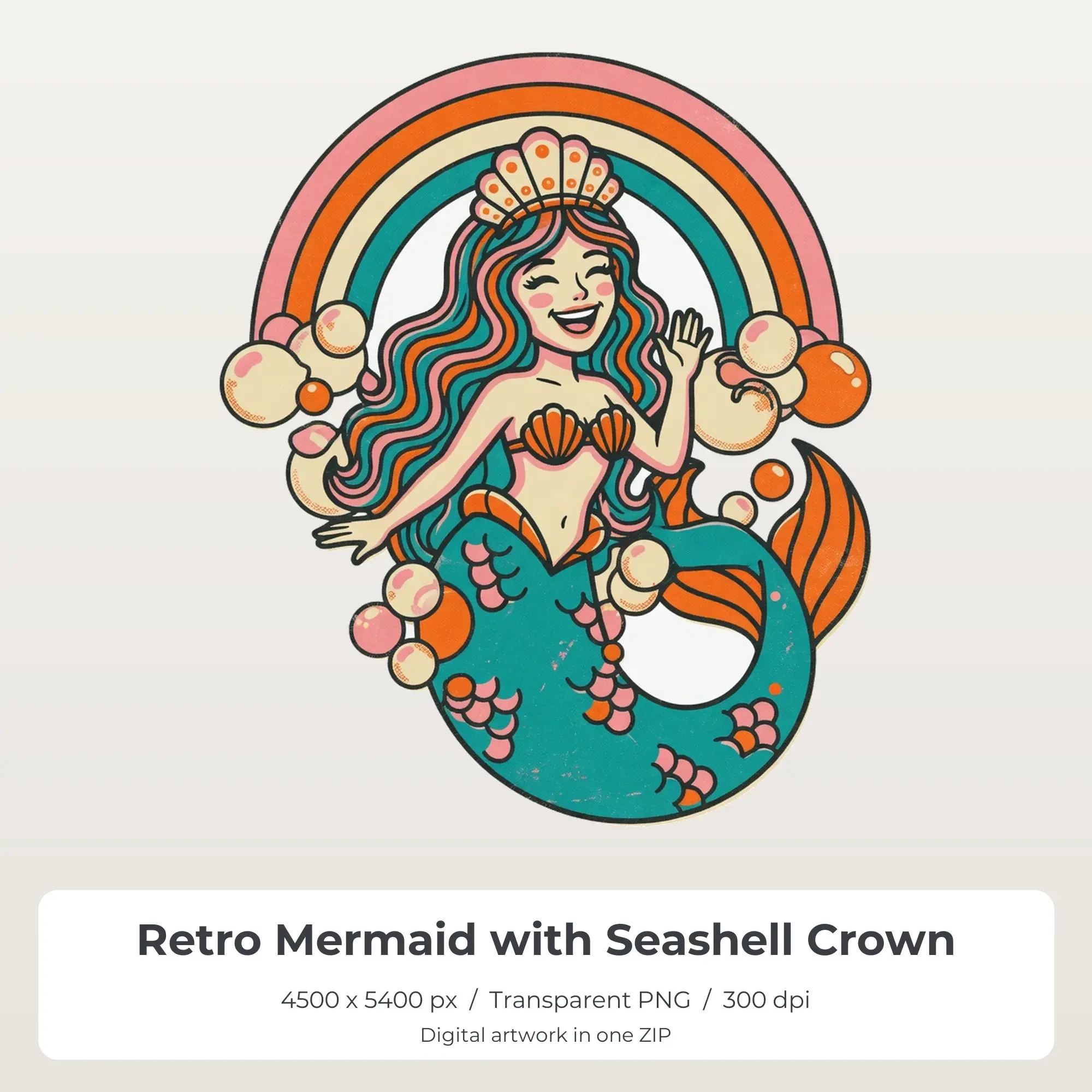 Retro Mermaid with Seashell Crown Sublimation Design PNG for Shirts preview