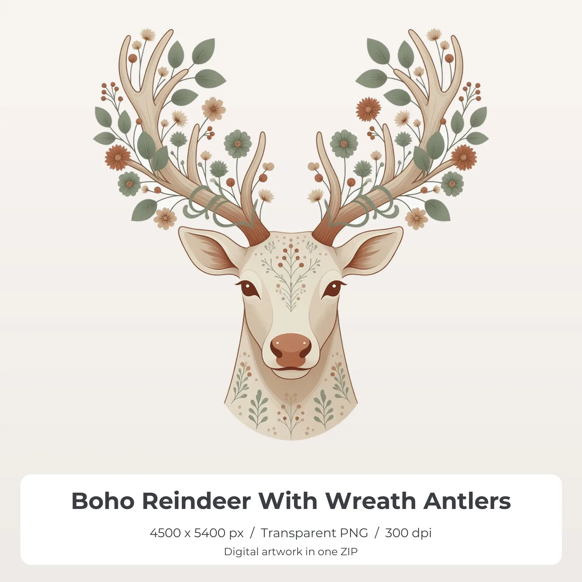 Boho Reindeer With Wreath Antlers PNG - Shirt Sublimation Design preview