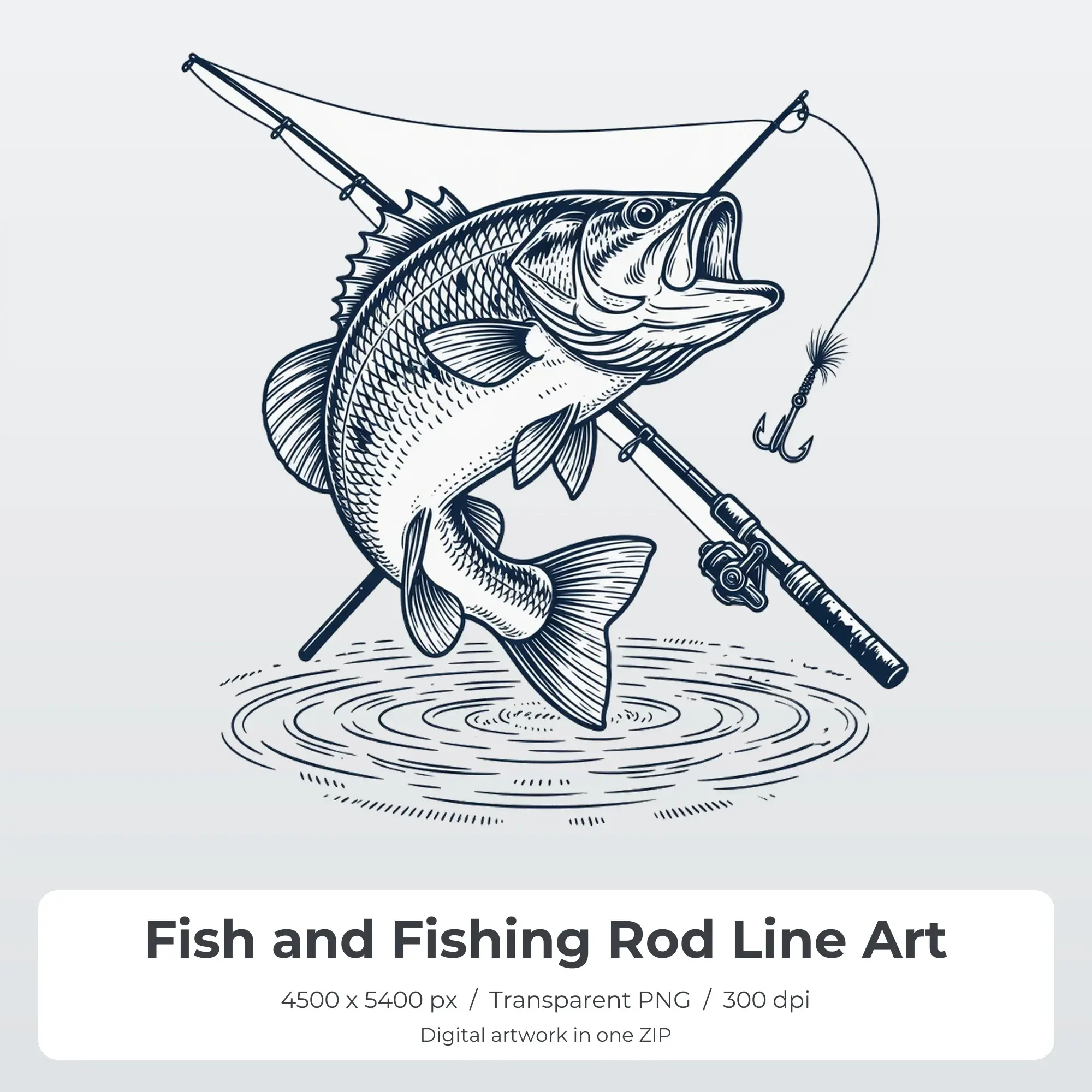Fish and Fishing Rod Line Art T-Shirt Design PNG, Sublimation Ready preview