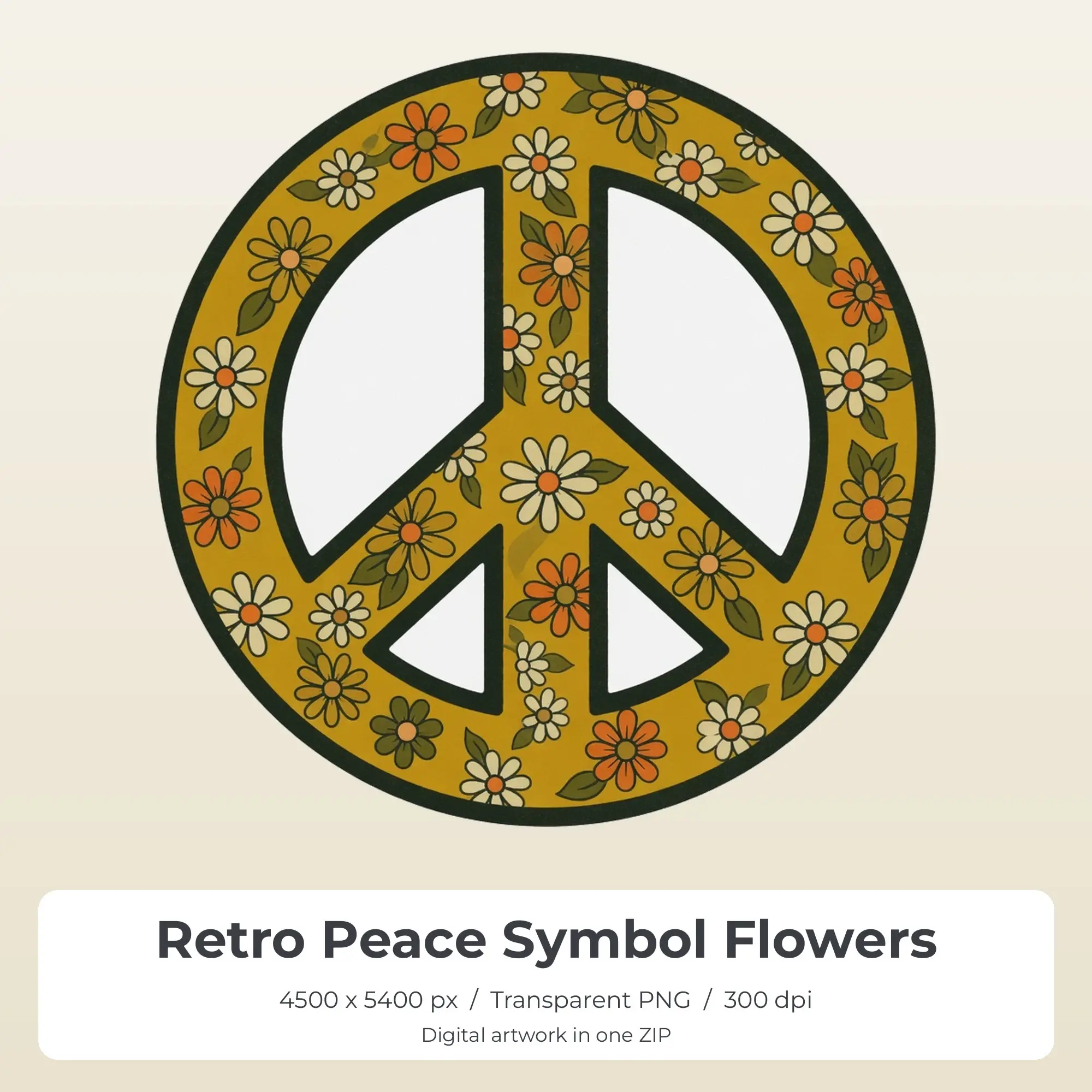 Retro Peace Symbol Flowers T-Shirt Design PNG, Sublimation Ready preview