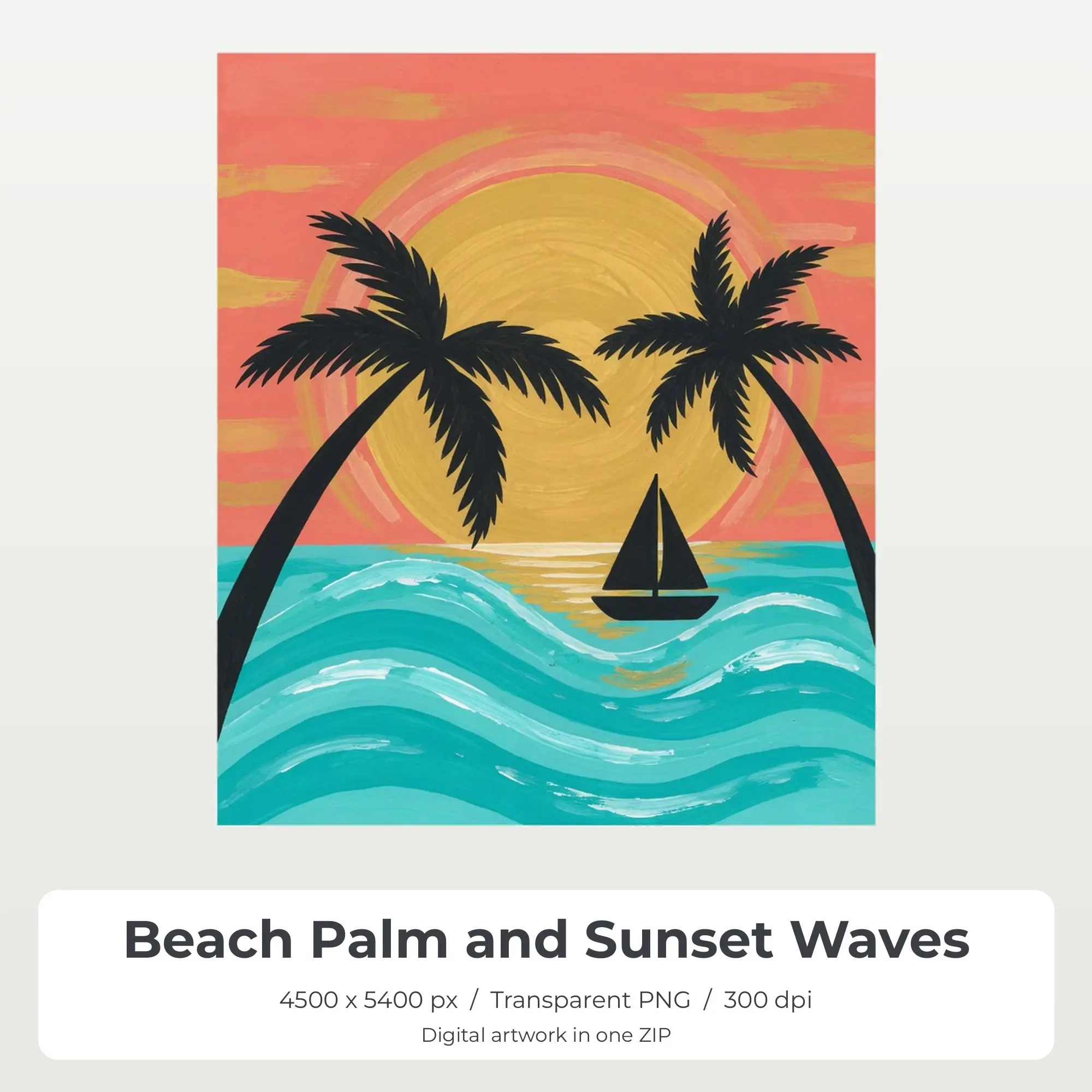 Beach Palm and Sunset Waves T-Shirt Design PNG, Sublimation Ready preview