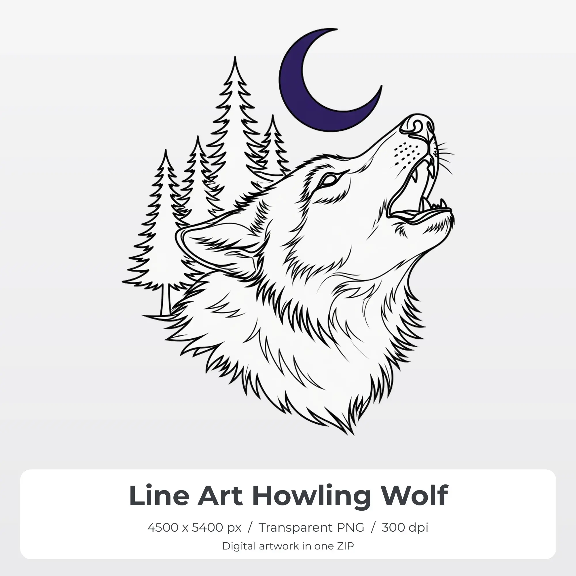 Line Art Howling Wolf Sublimation Transfer PNG, 4500x5400, preview 1 of 2