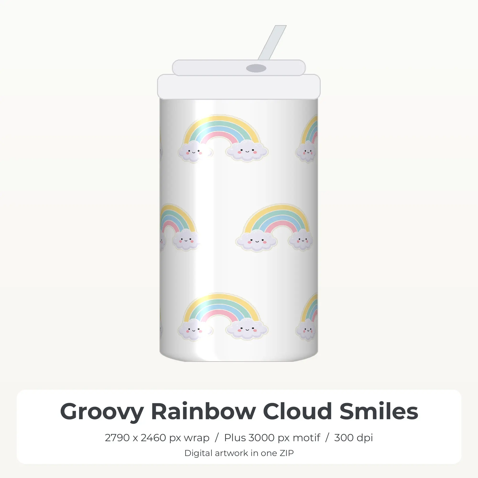 Groovy Rainbow Cloud Smiles 20oz Tumbler Sublimation Wrap PNG preview