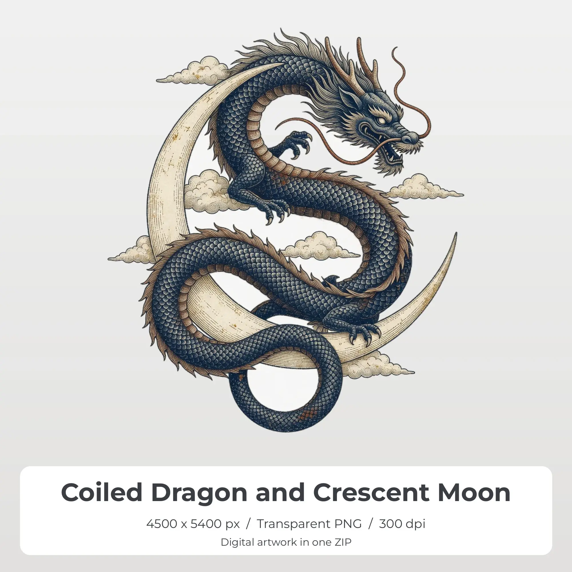 Coiled Dragon and Crescent Moon PNG - Shirt Sublimation Design preview