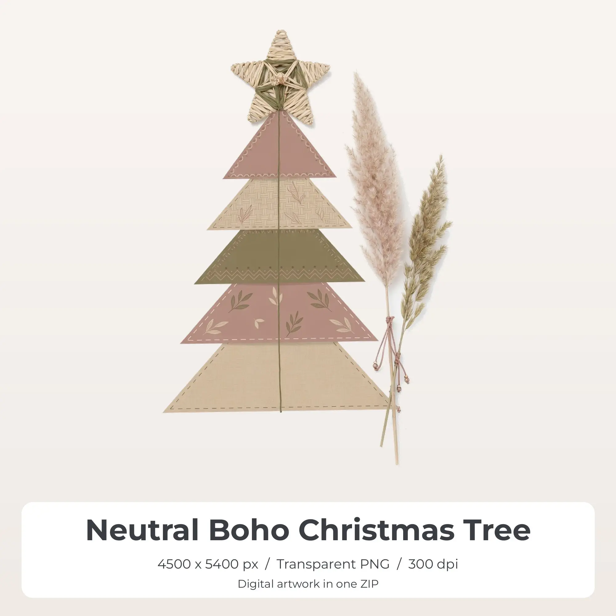 Neutral Boho Christmas Tree Sublimation Transfer PNG, 4500x5400 preview