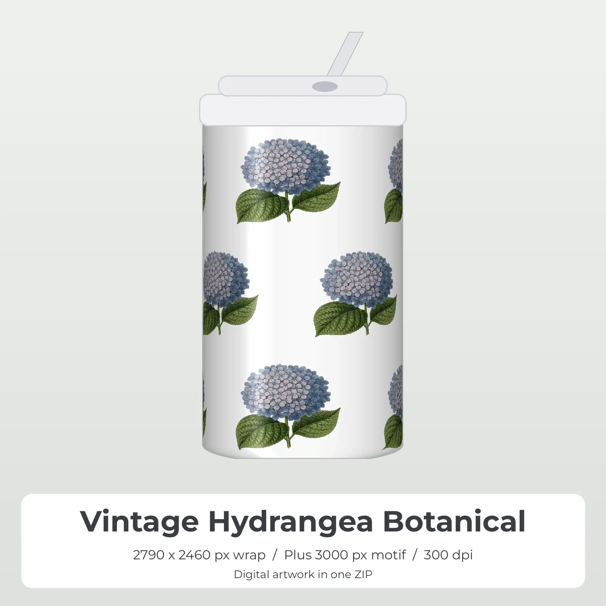 Vintage Hydrangea Botanical Tumbler PNG, Sublimation Wrap Design preview