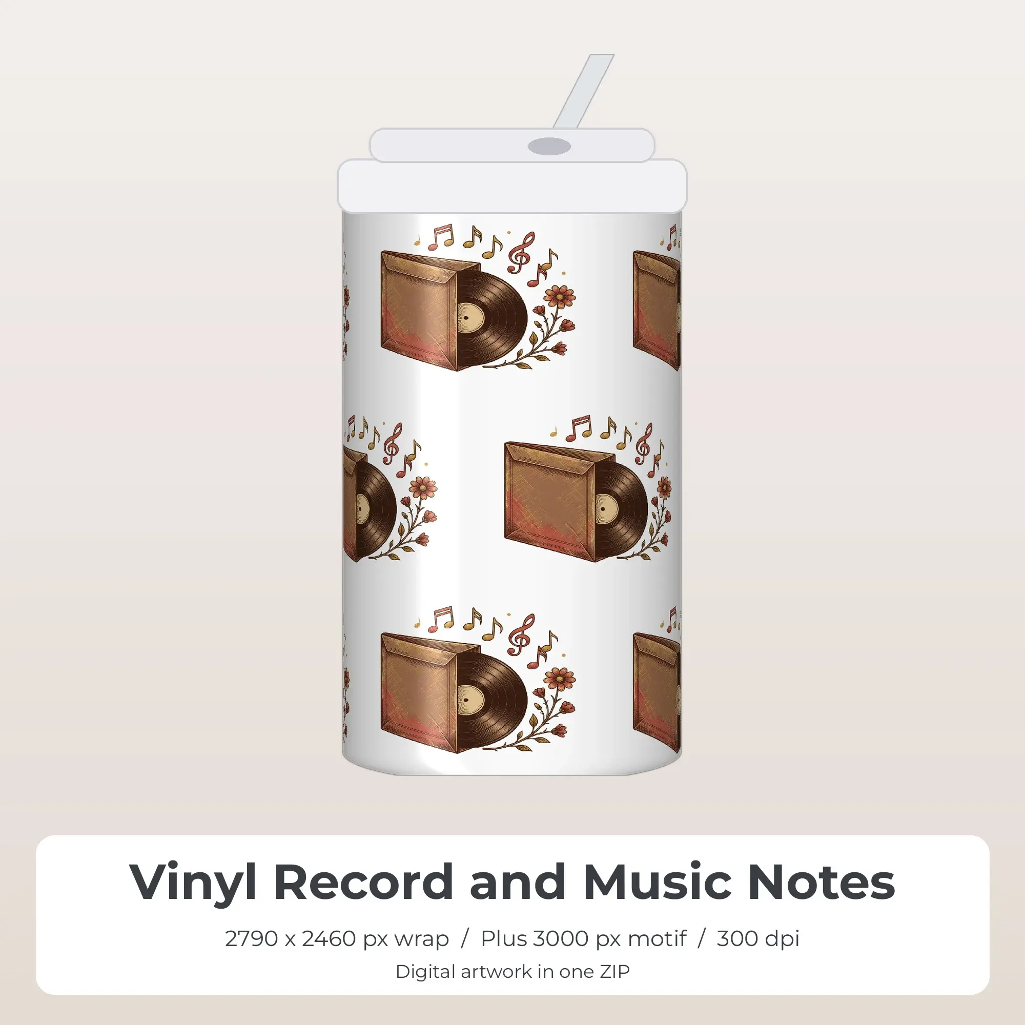 Vinyl Record and Music Notes Tumbler Wrap Design - Seamless PNG preview