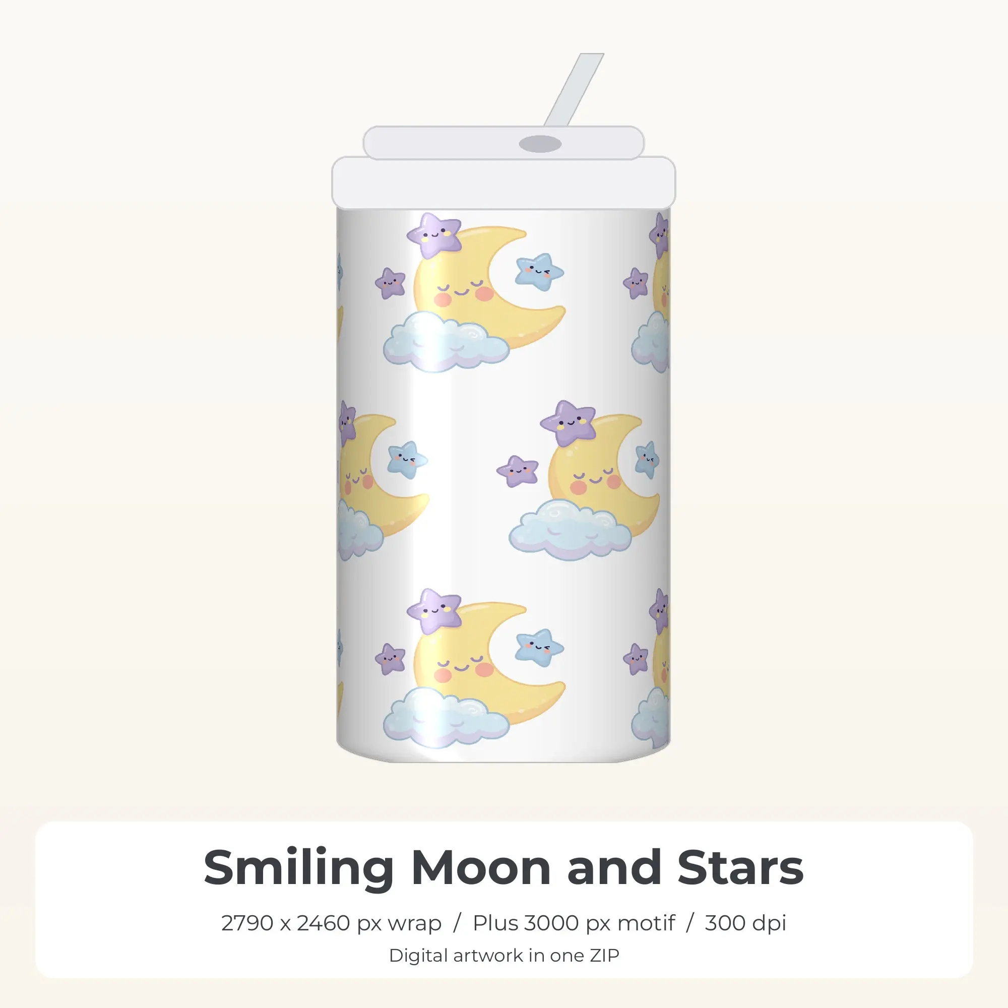 Smiling Moon and Stars Tumbler PNG, Sublimation Wrap Design preview