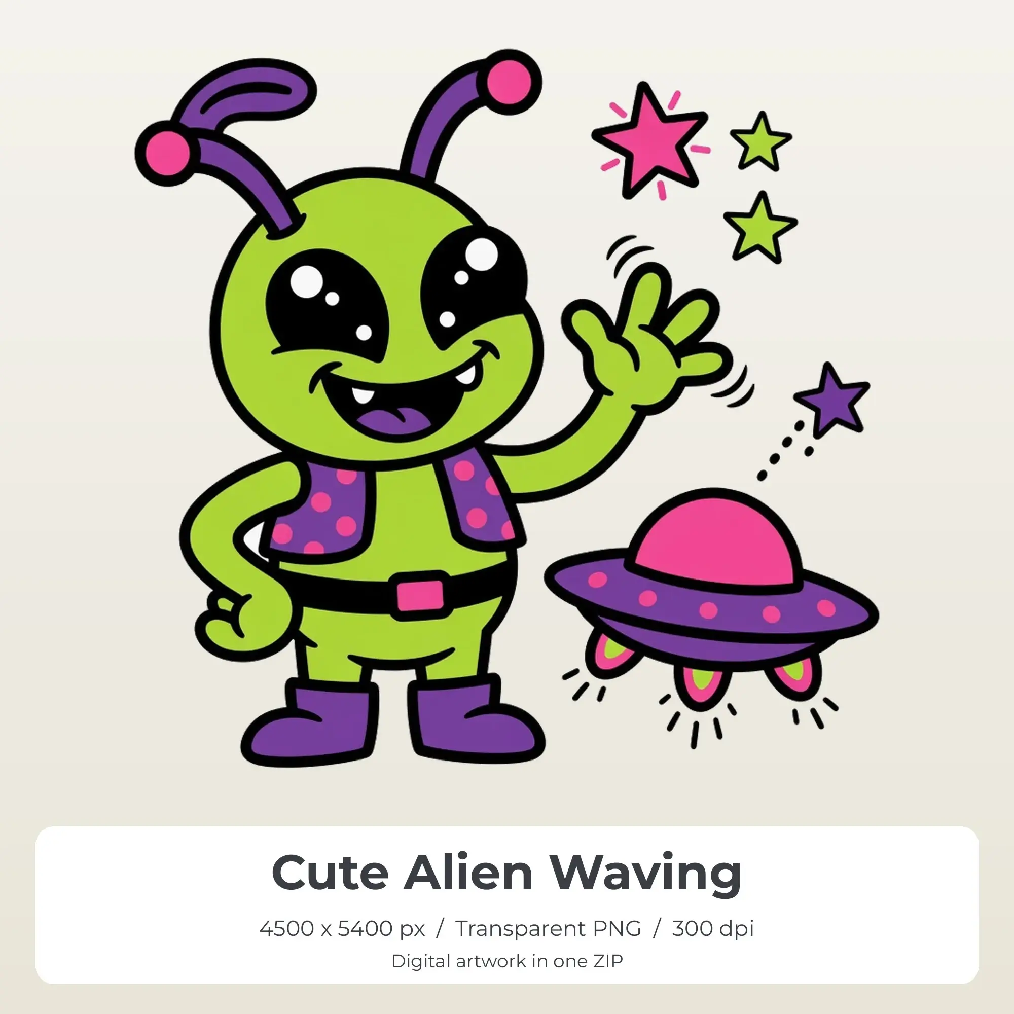 Cute Alien Waving Sublimation Transfer PNG, 4500x5400 preview