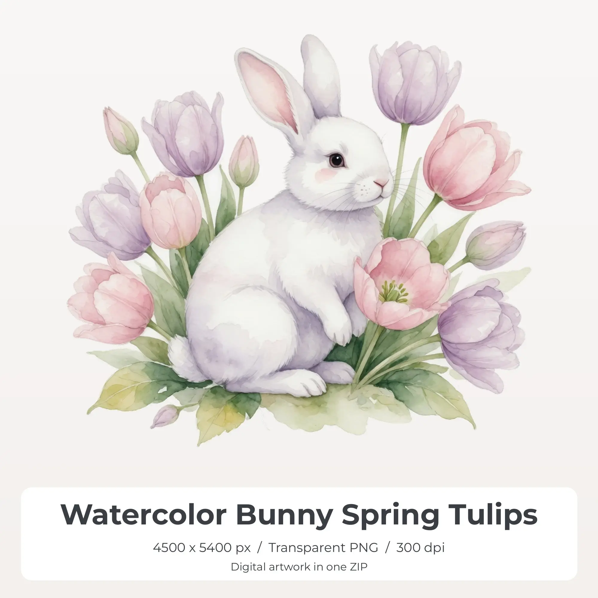 Watercolor Bunny Spring Tulips Sublimation Transfer PNG, 4500x5400 preview