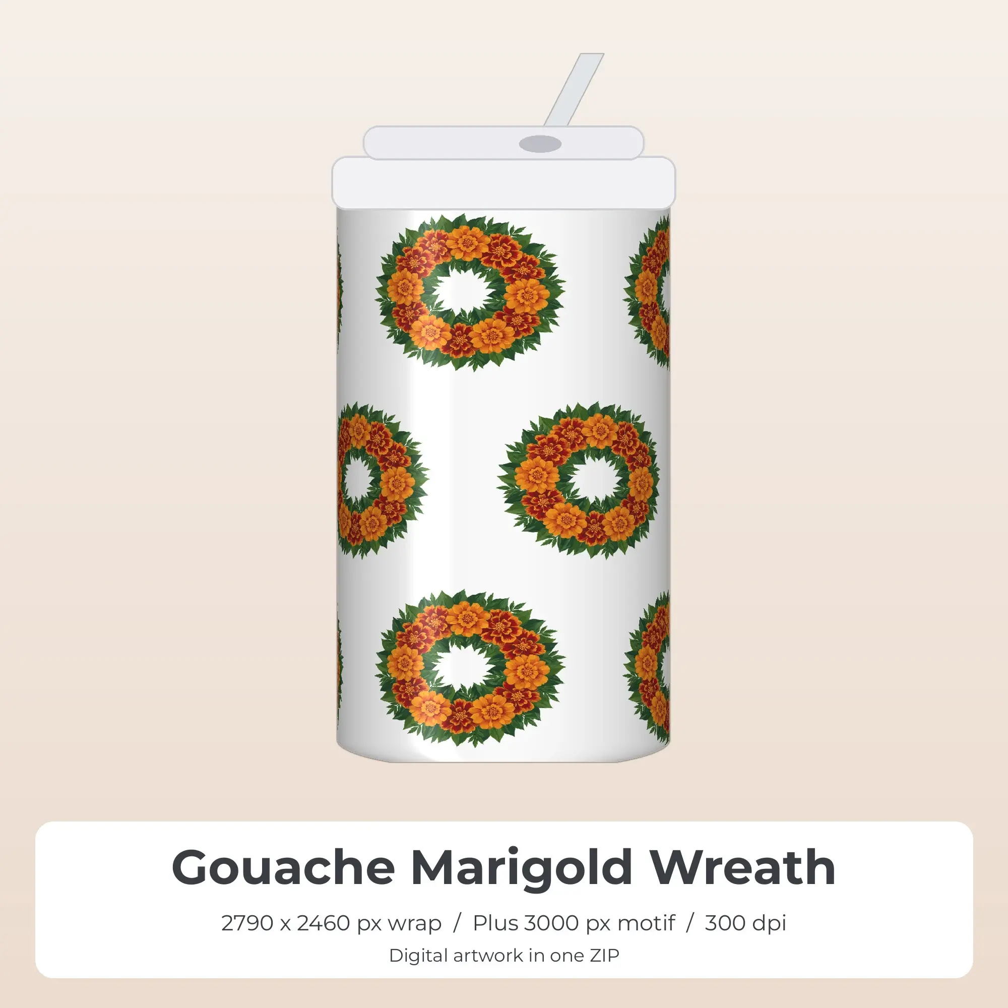 Gouache Marigold Wreath Tumbler PNG, Sublimation Wrap Design preview