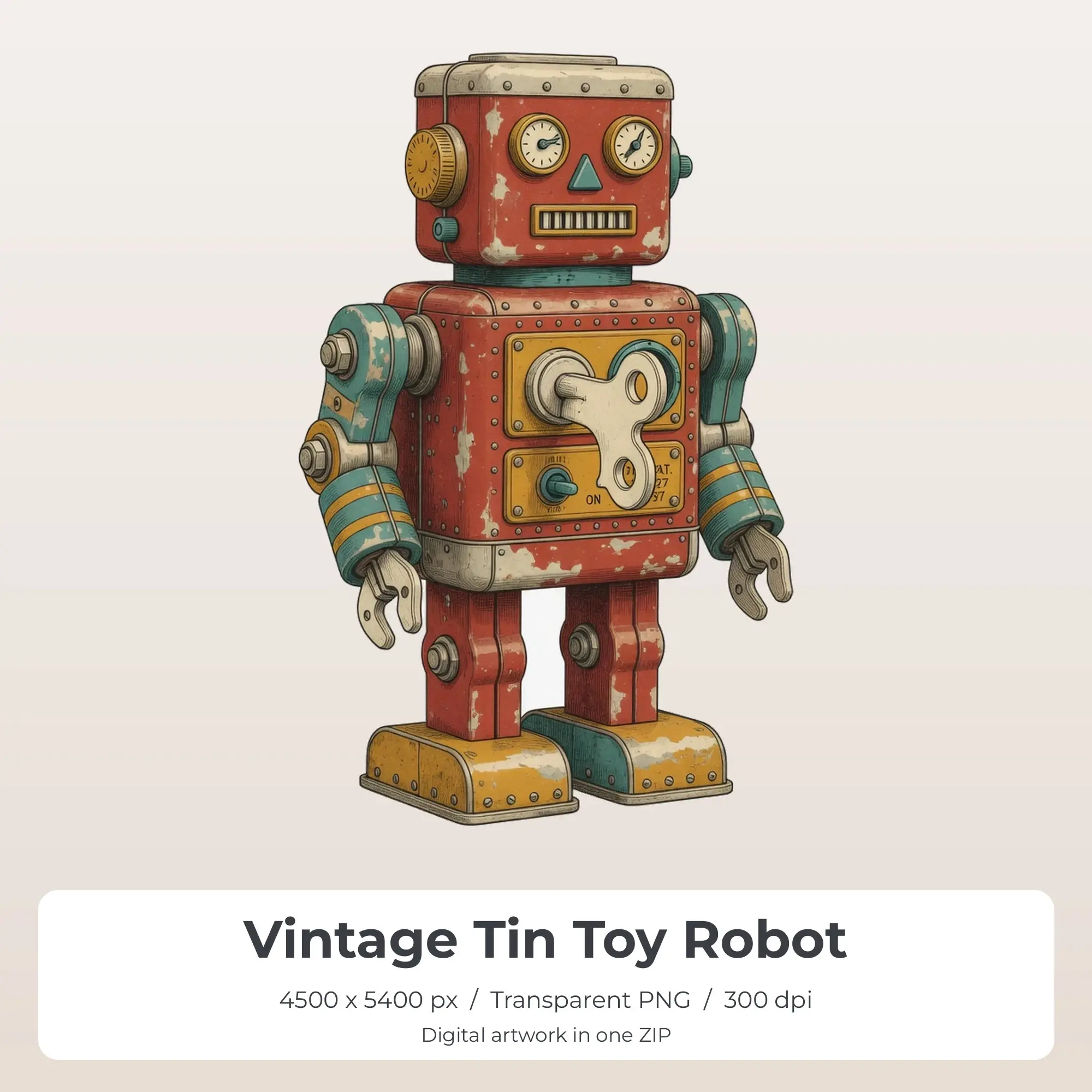 Vintage Tin Toy Robot Sublimation Transfer PNG, 4500x5400 preview