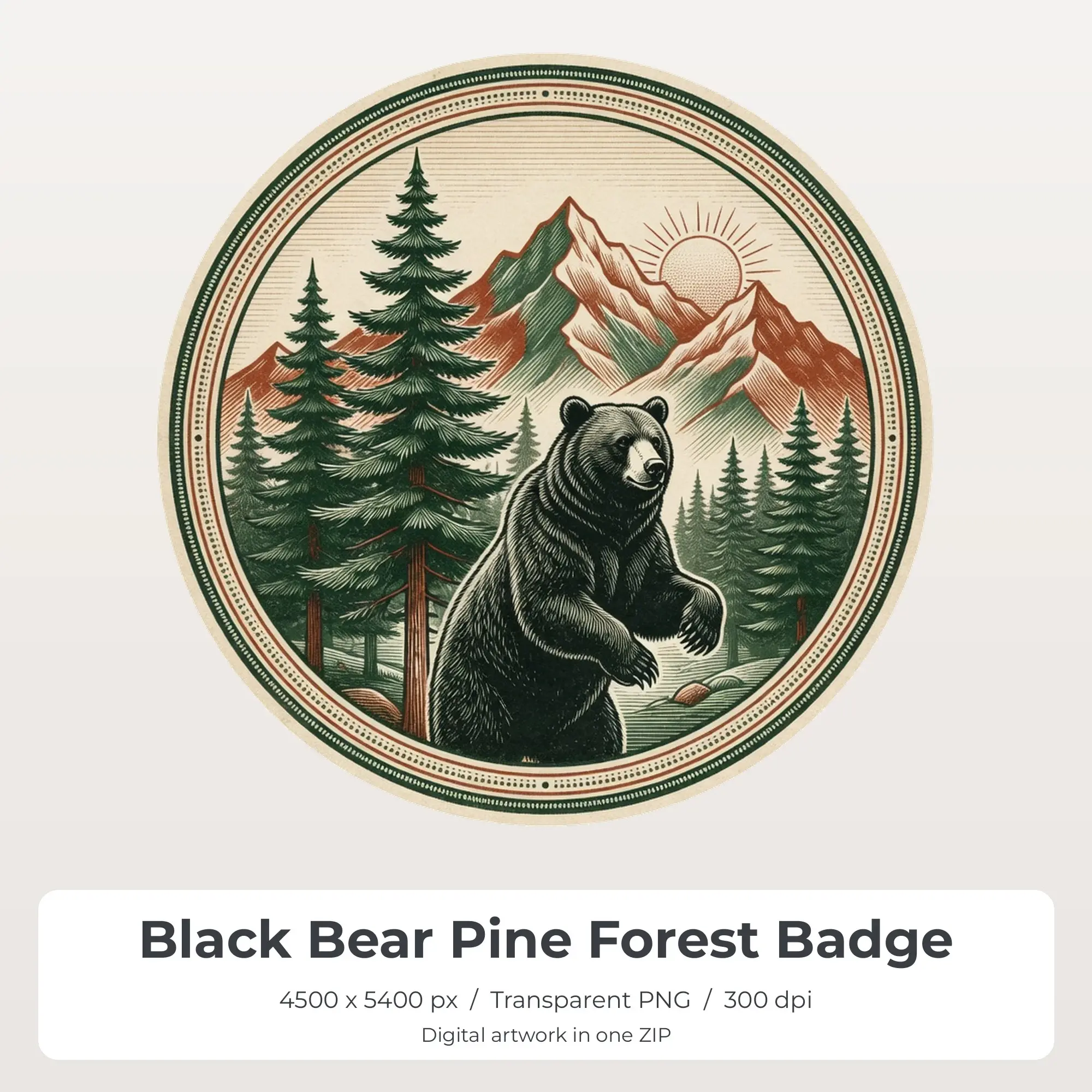 Black Bear Pine Forest Badge Sublimation Design PNG for Shirts preview