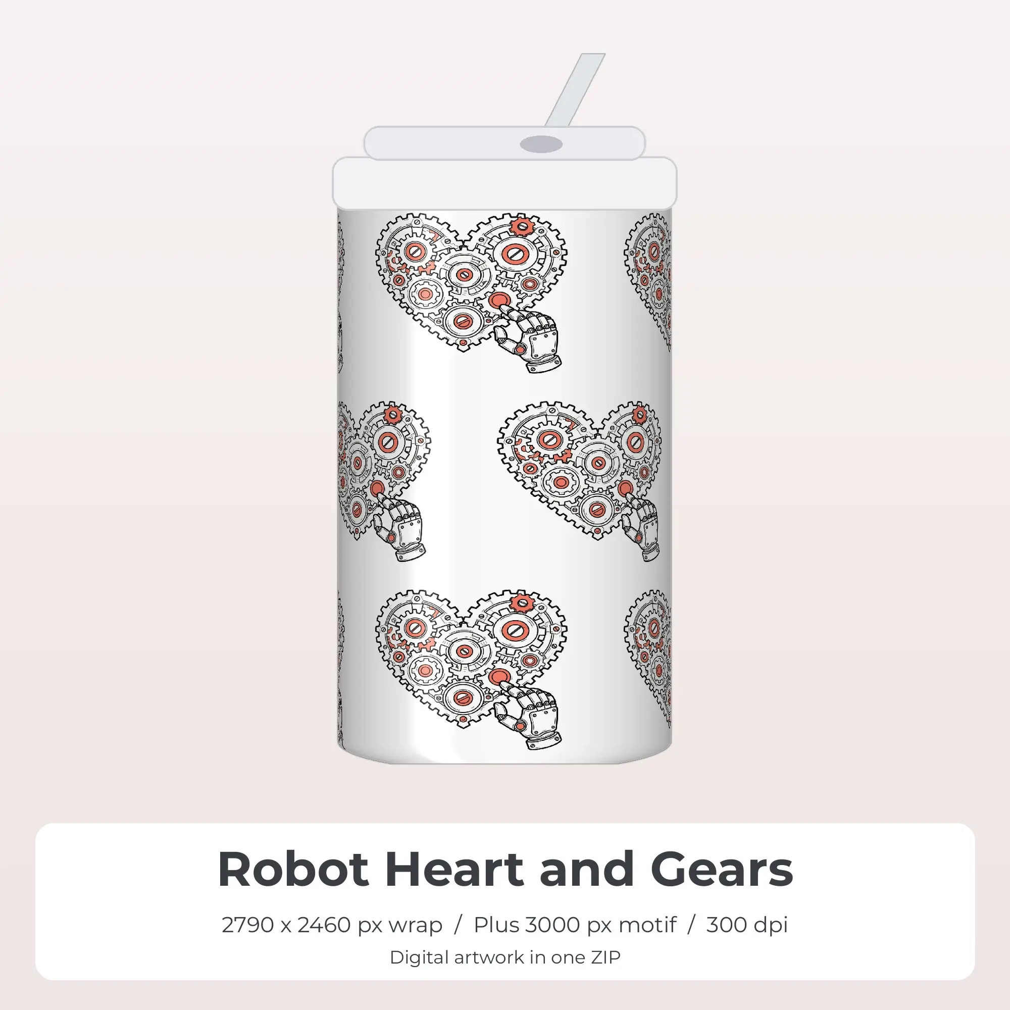 Robot Heart and Gears Tumbler Wrap PNG, 20oz Sublimation preview