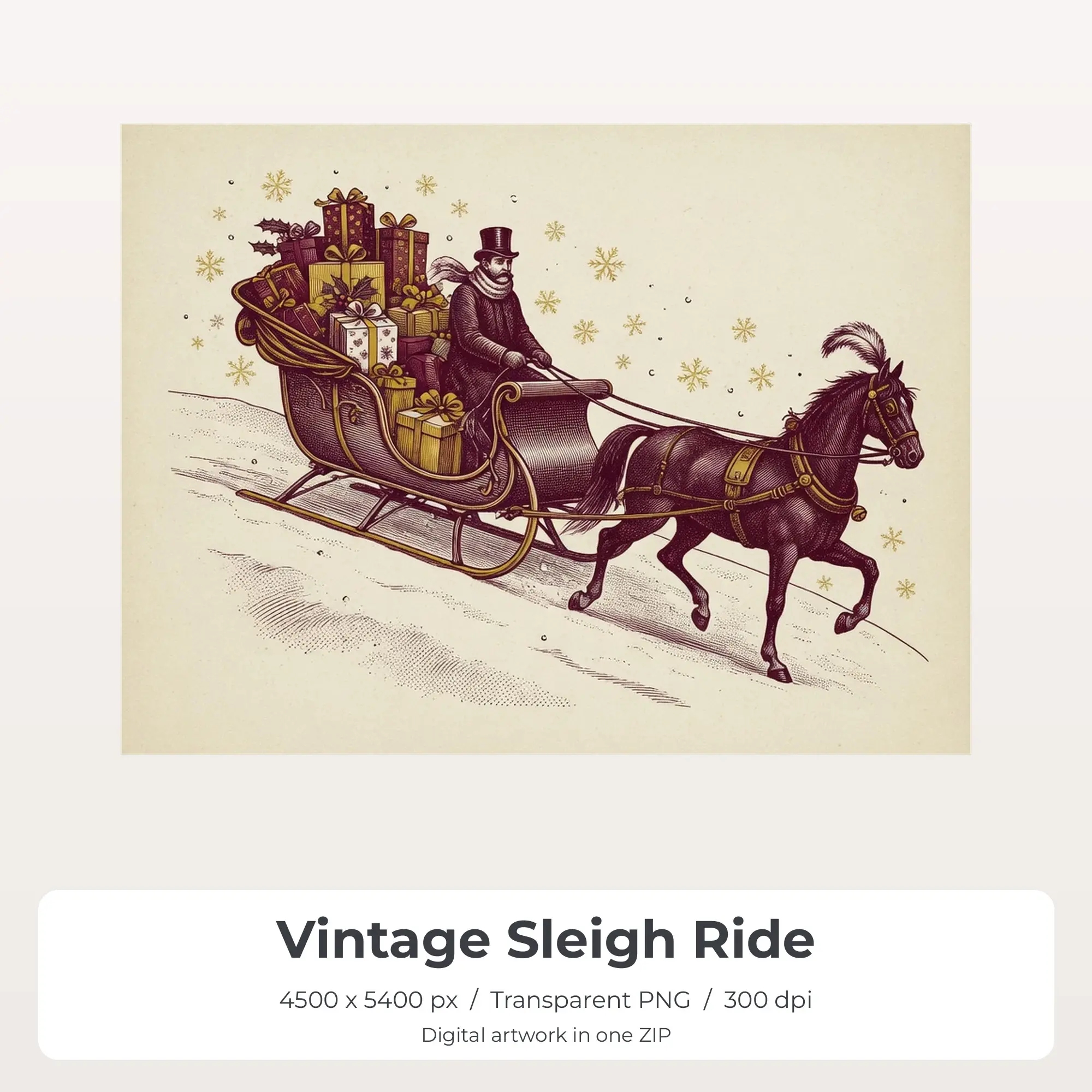 Vintage Sleigh Ride Sublimation Transfer PNG, 4500x5400 preview