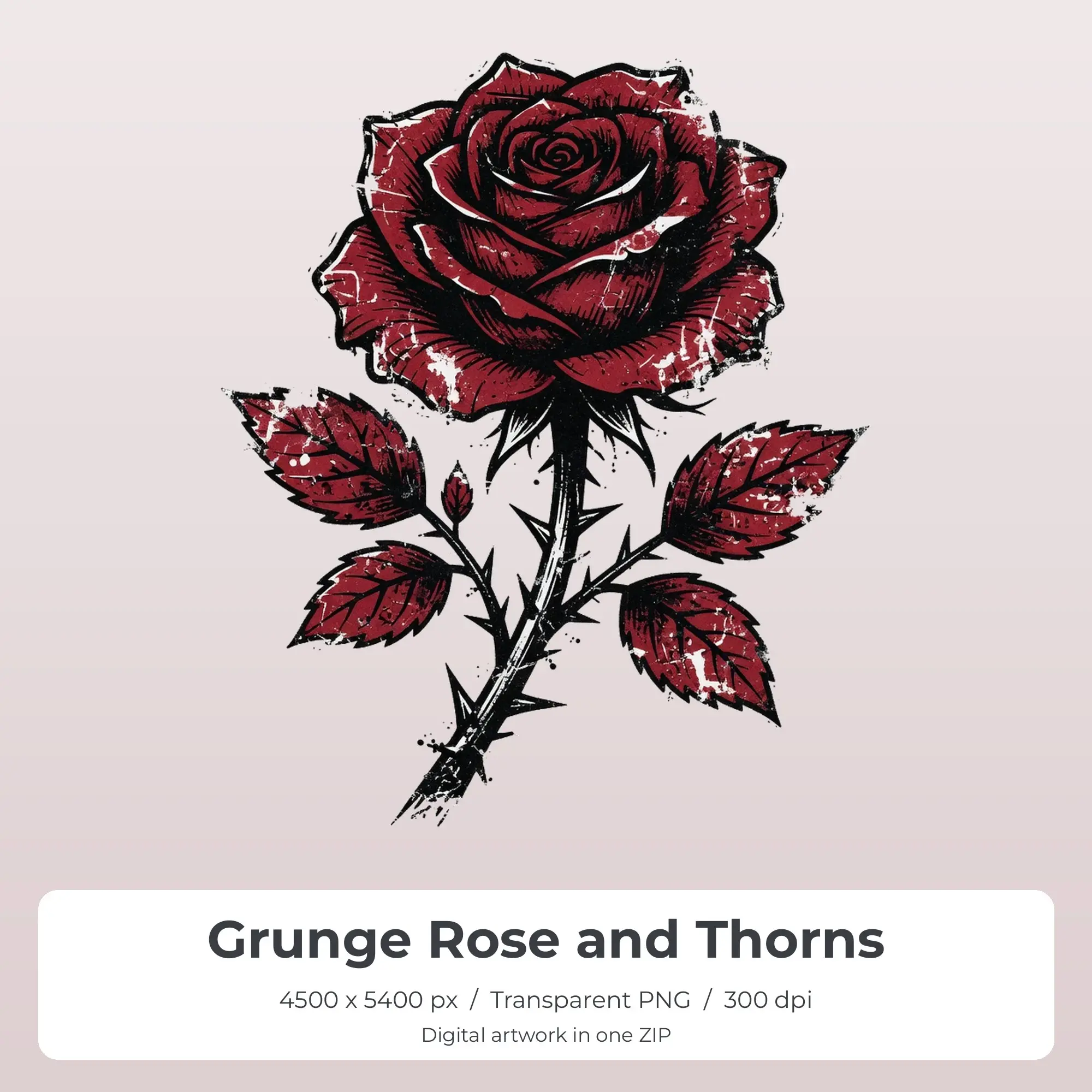 Grunge Rose and Thorns Sublimation Transfer PNG, 4500x5400 preview