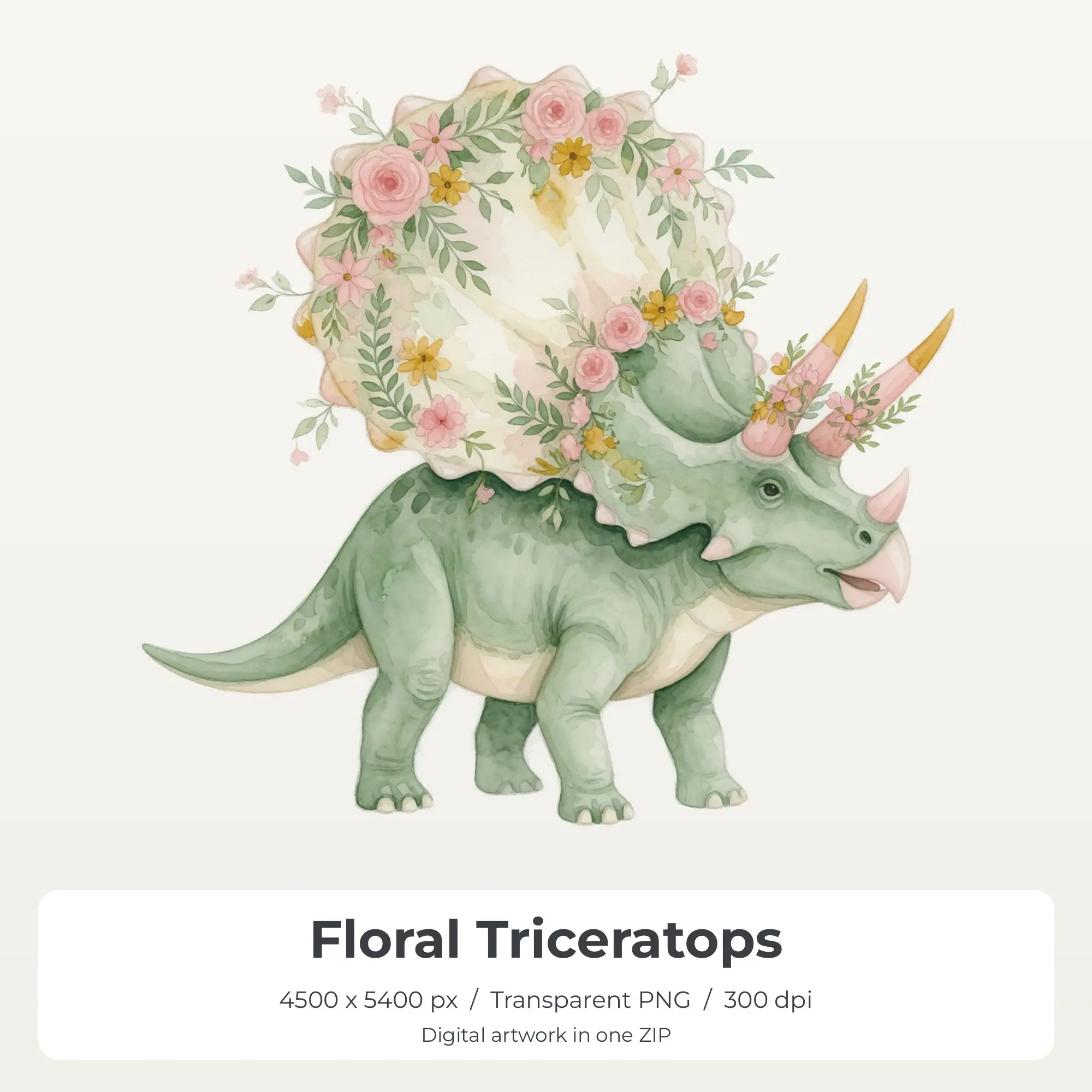 Floral Triceratops T-Shirt Design PNG, Sublimation Ready preview