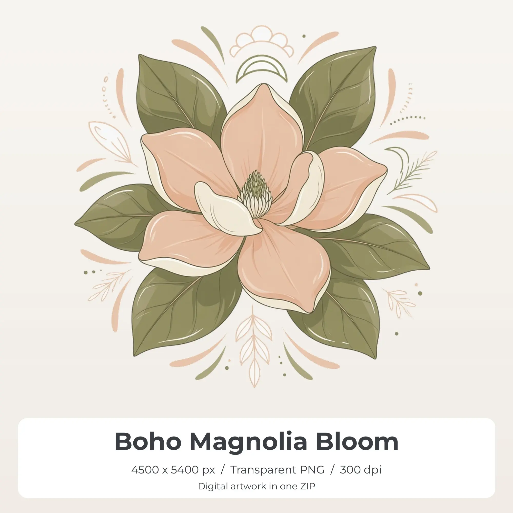 Boho Magnolia Bloom Sublimation PNG, T-Shirt Transfer Design, preview 1 of 2