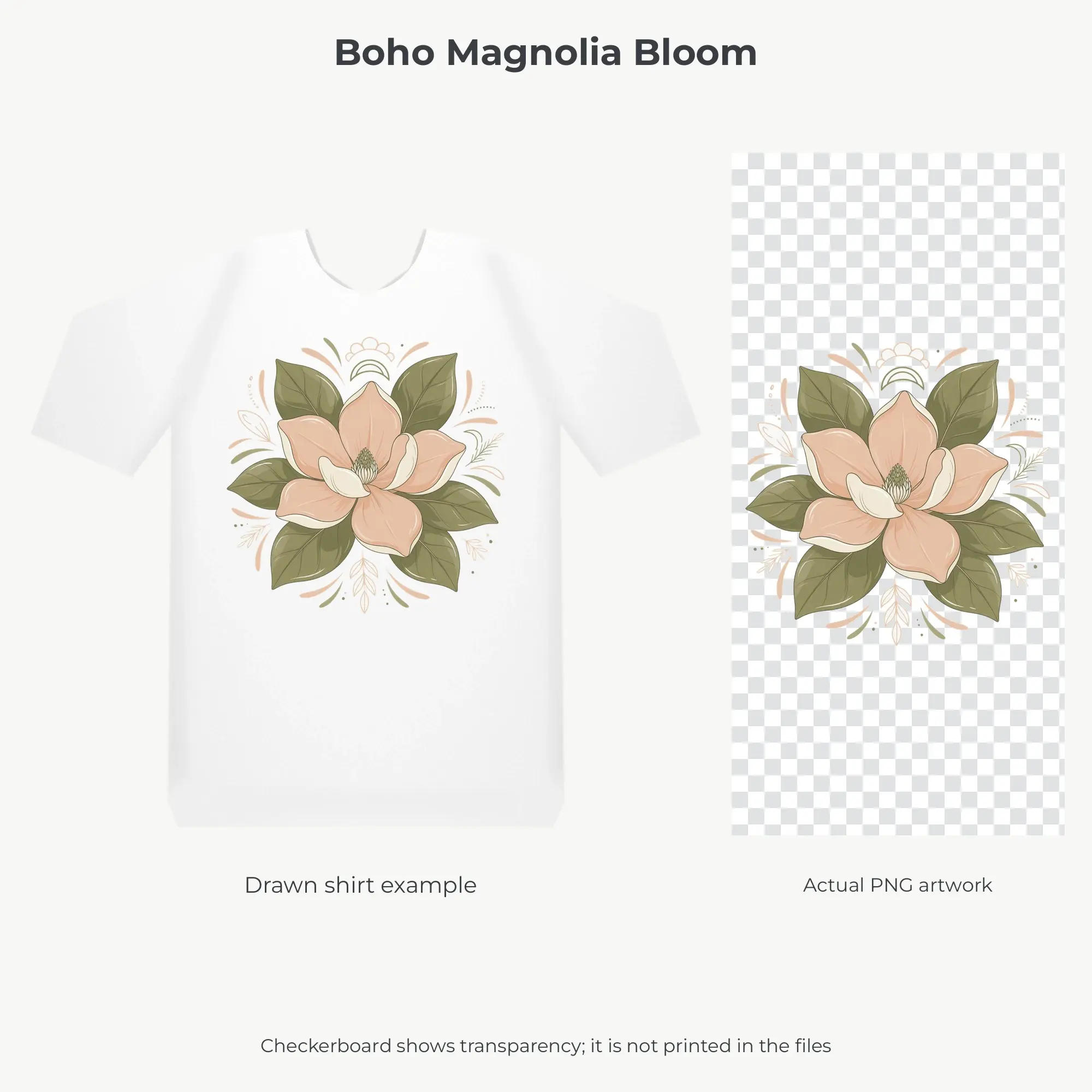 Boho Magnolia Bloom Sublimation PNG, T-Shirt Transfer Design, preview 2 of 2