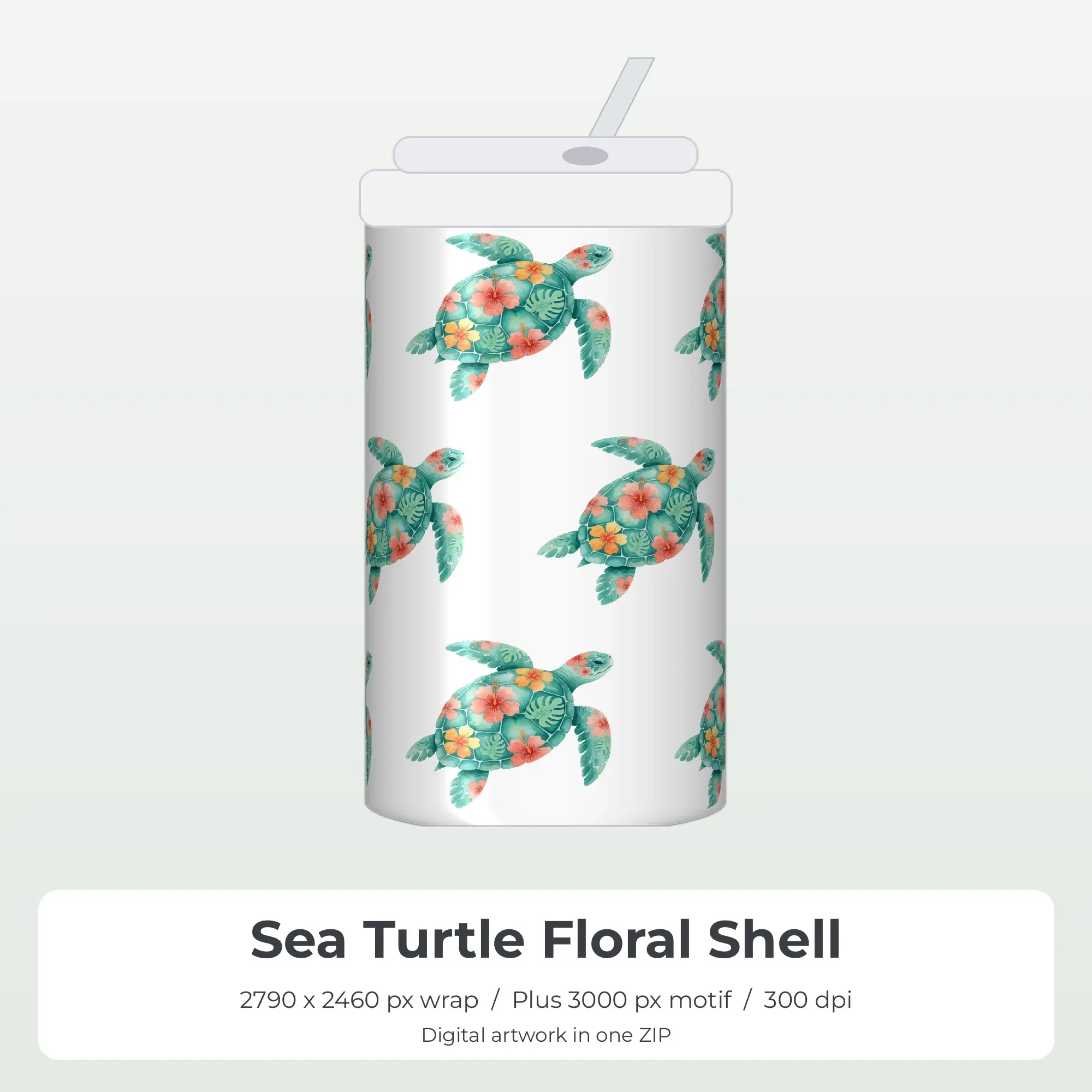 Sea Turtle Floral Shell Tumbler Wrap PNG, 20oz Sublimation preview