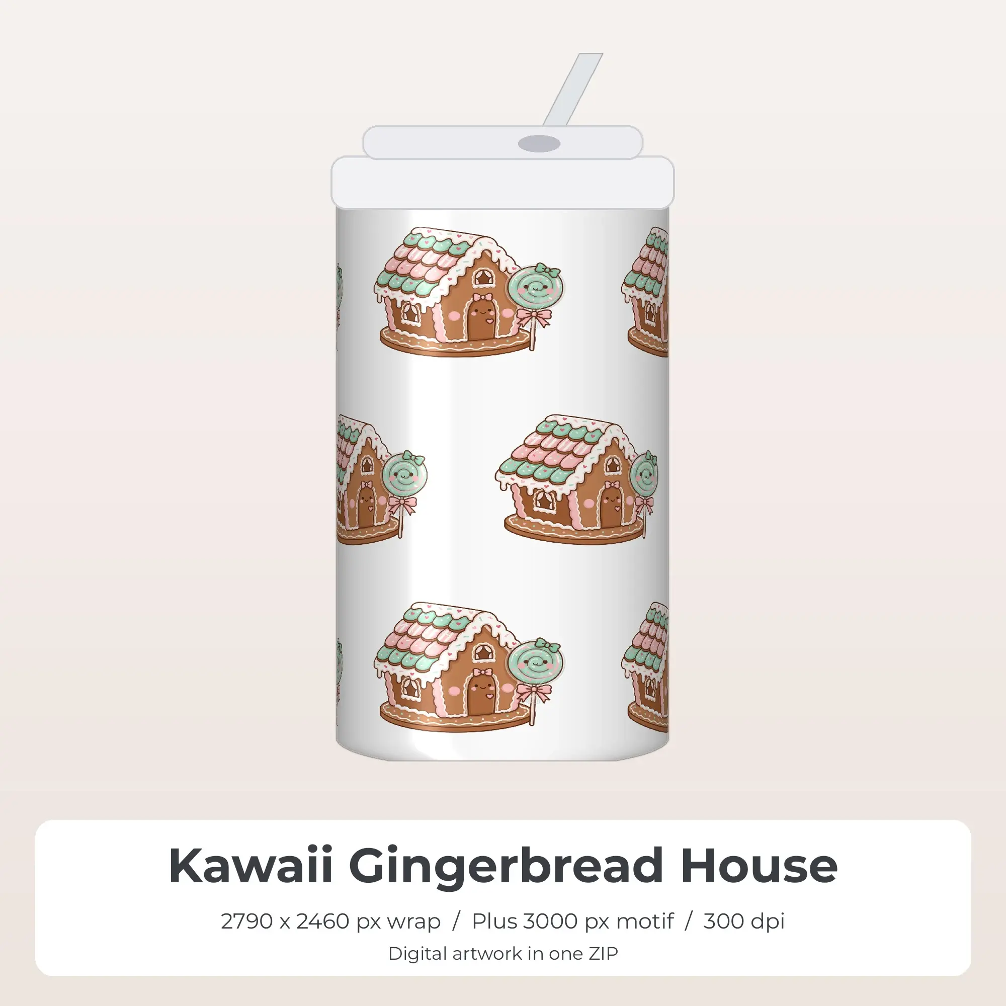 Kawaii Gingerbread House Tumbler Wrap Design - Seamless PNG preview