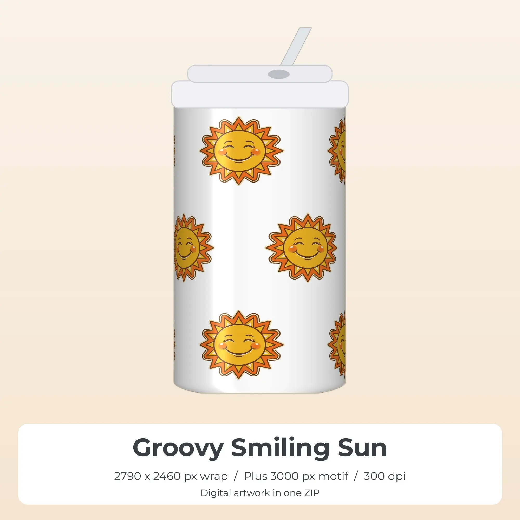 Groovy Smiling Sun Tumbler Wrap PNG, 20oz Sublimation preview