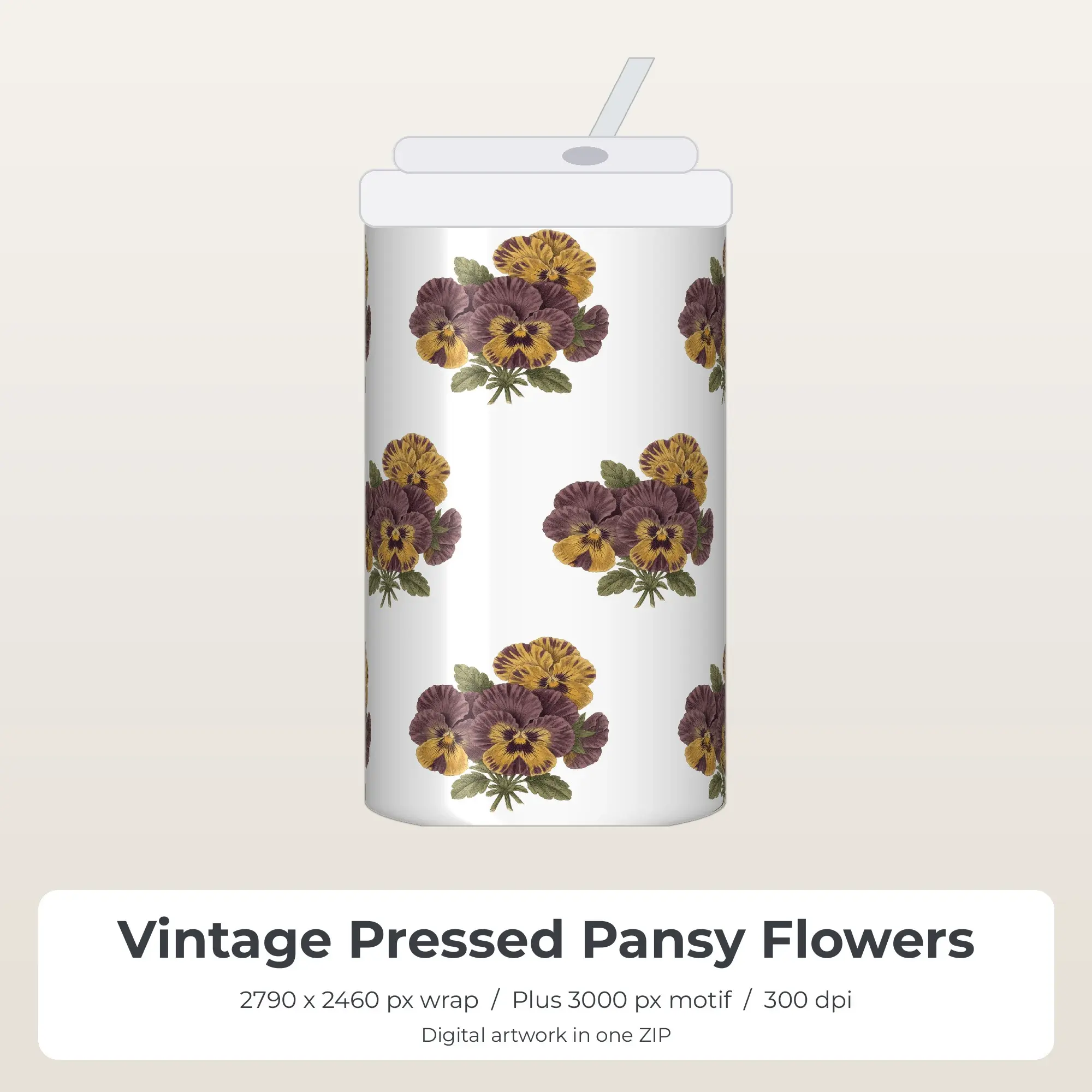 Vintage Pressed Pansy Flowers 20oz Tumbler Sublimation Wrap PNG preview