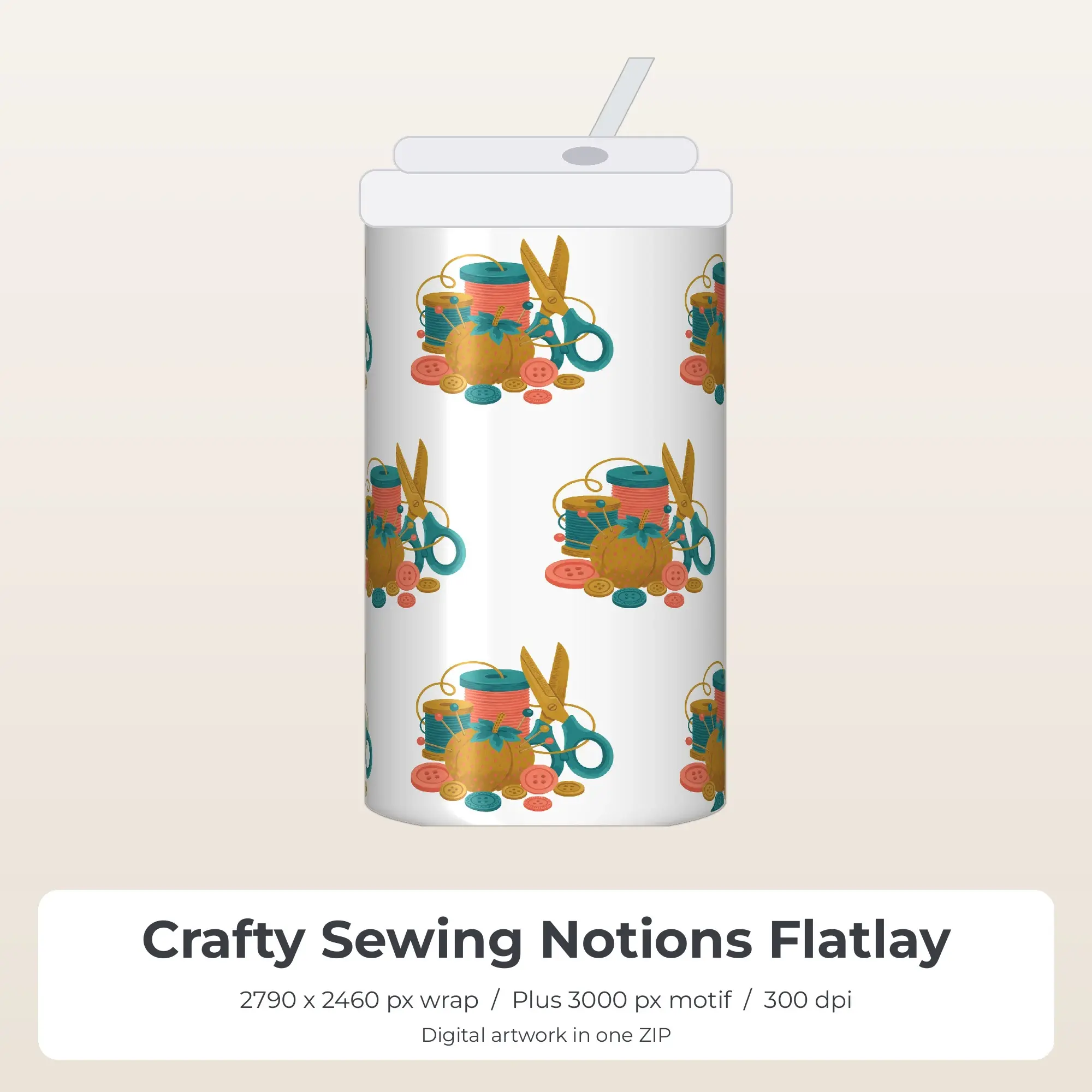 Crafty Sewing Notions Flatlay Sublimation Tumbler Wrap PNG preview